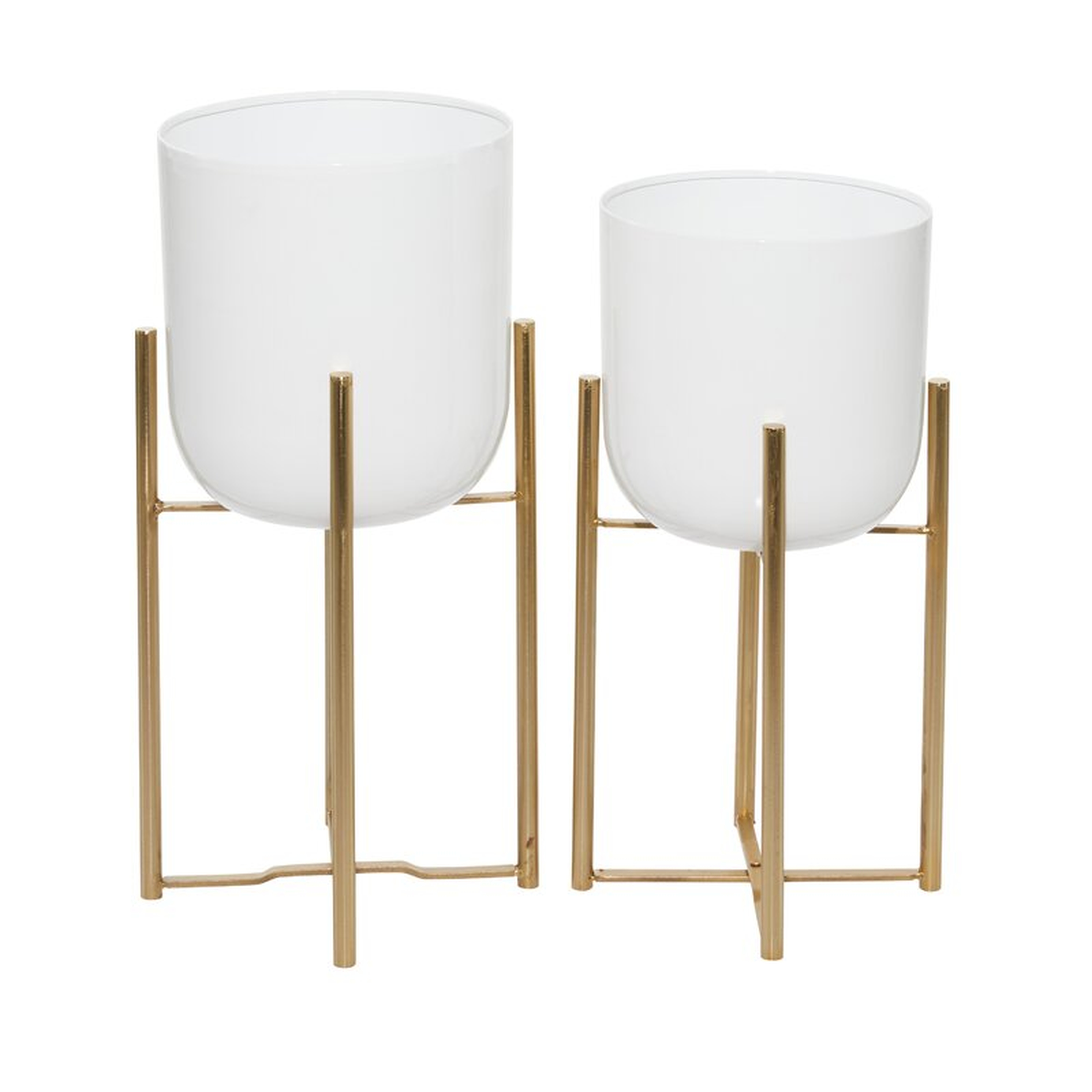 Metal Planters With Stand And Pots For Indoor Plants, 2-Pcs Set, 20"& 22", Round, White & Gold - Wayfair