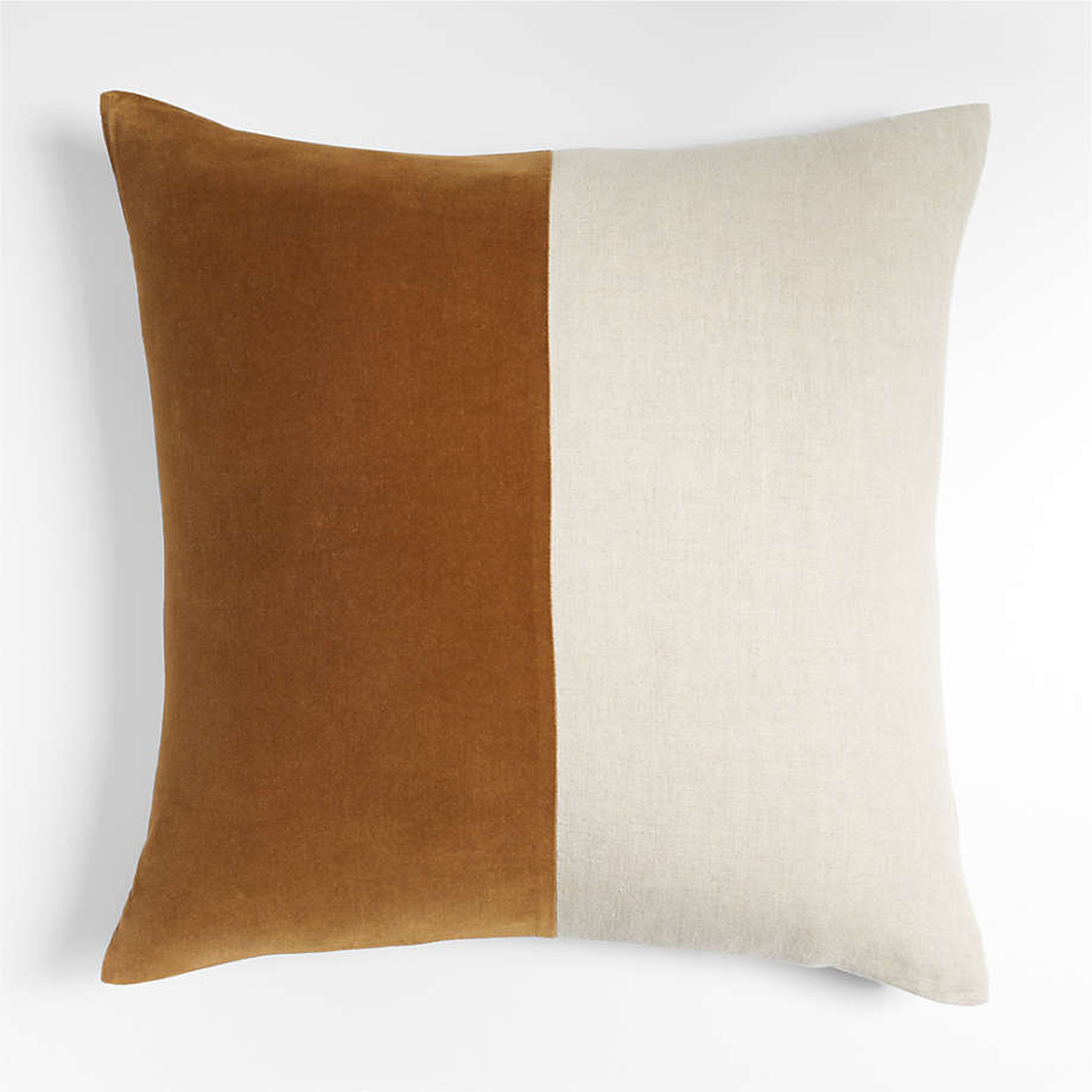 Ska 23" Colorblock Deep Cognac Velvet Linen Pillow Cover - Crate and Barrel