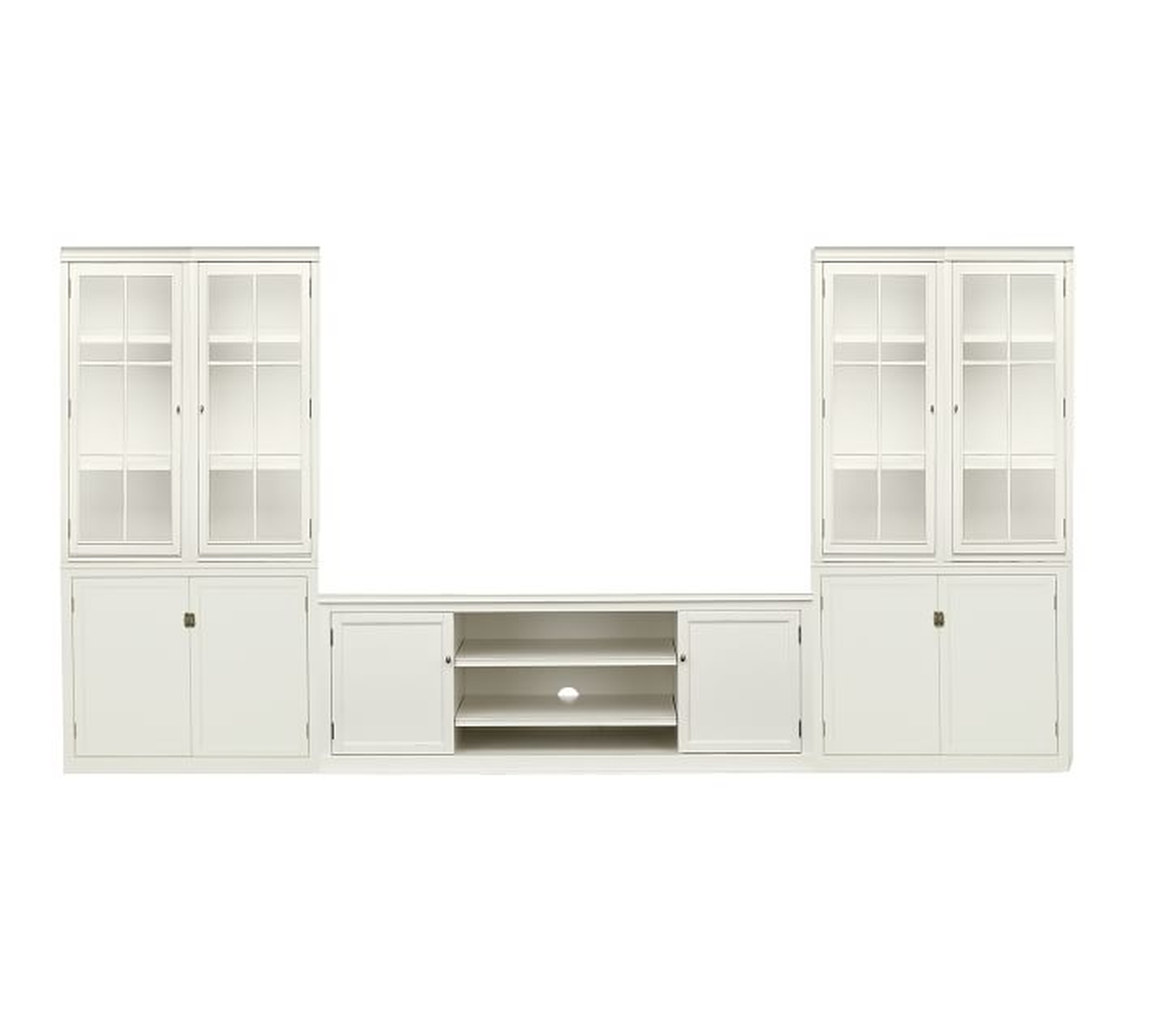Logan 5-Piece Entertainment Center with Glass Hutch & Cabinet Base, 134" Wide, Alabaster - Pottery Barn