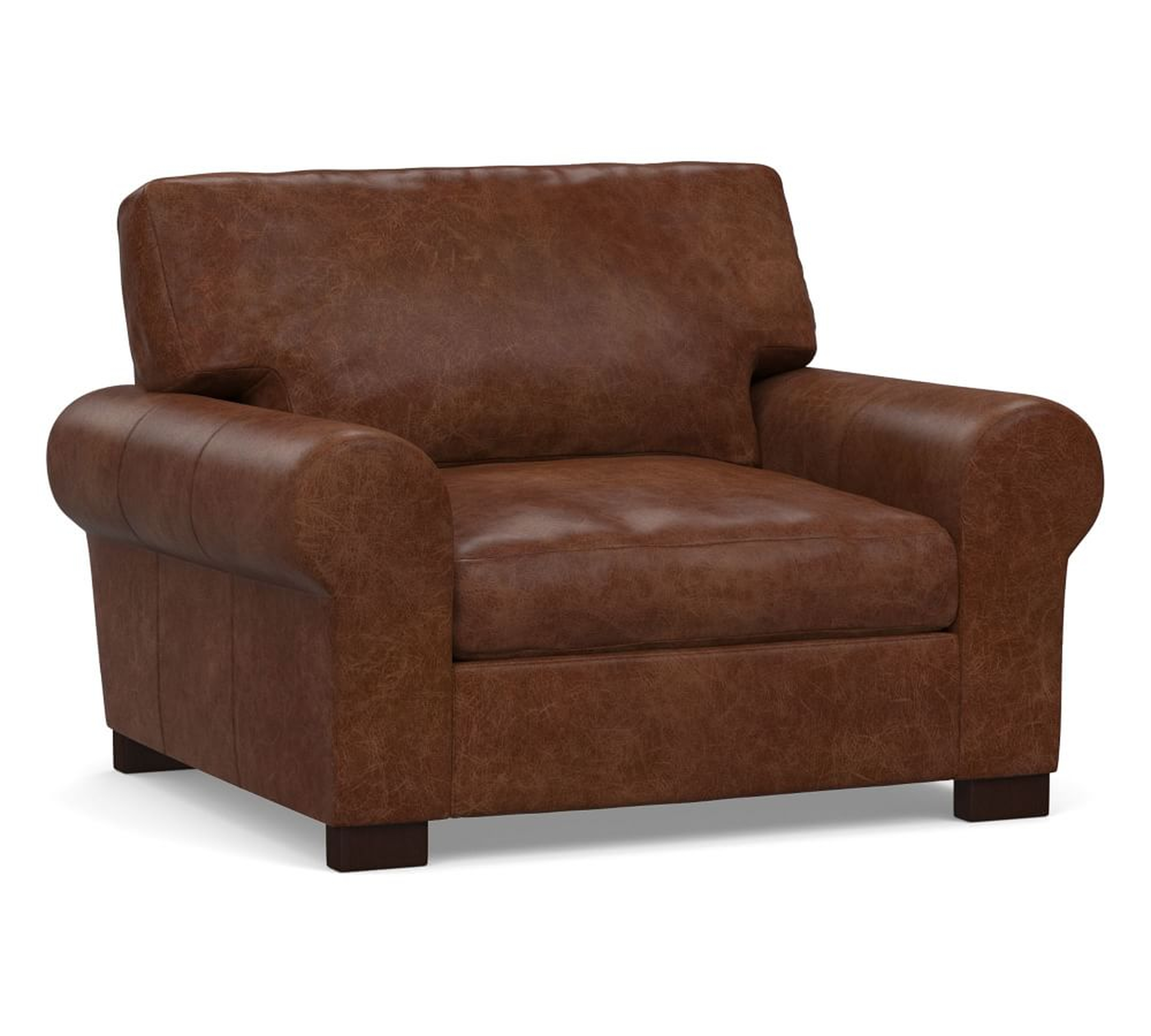 Turner Roll Arm Leather Grand Armchair 48", Down Blend Wrapped Cushions, Statesville Molasses - Pottery Barn