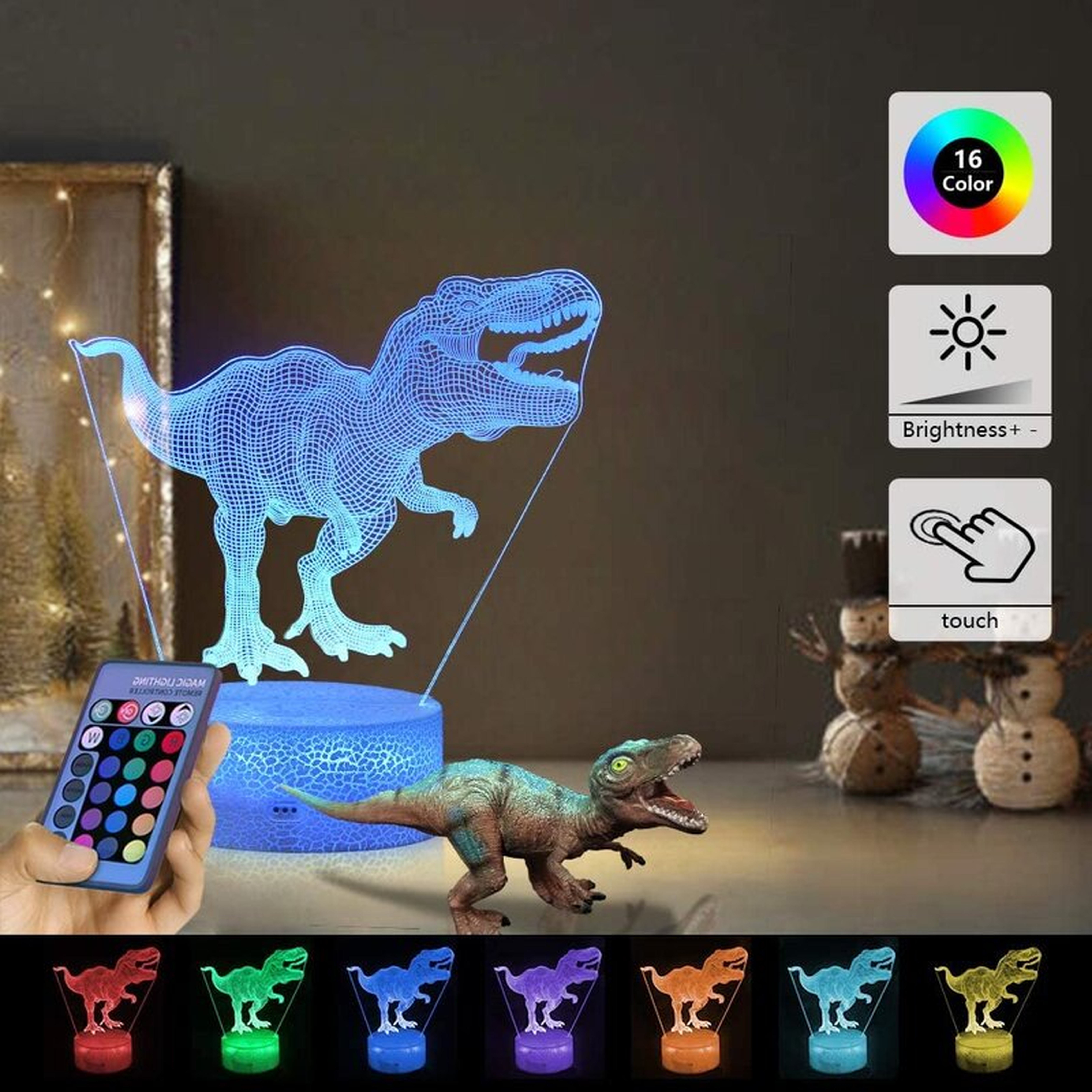 Dinosaur toy, 3D dinosaur night light with remote control and smart touch function 7 colors + 16 color variable dimmable Tyrannosaurus 3D night light Birthday gift for age 2 3 4 5 6+ years old - Wayfair