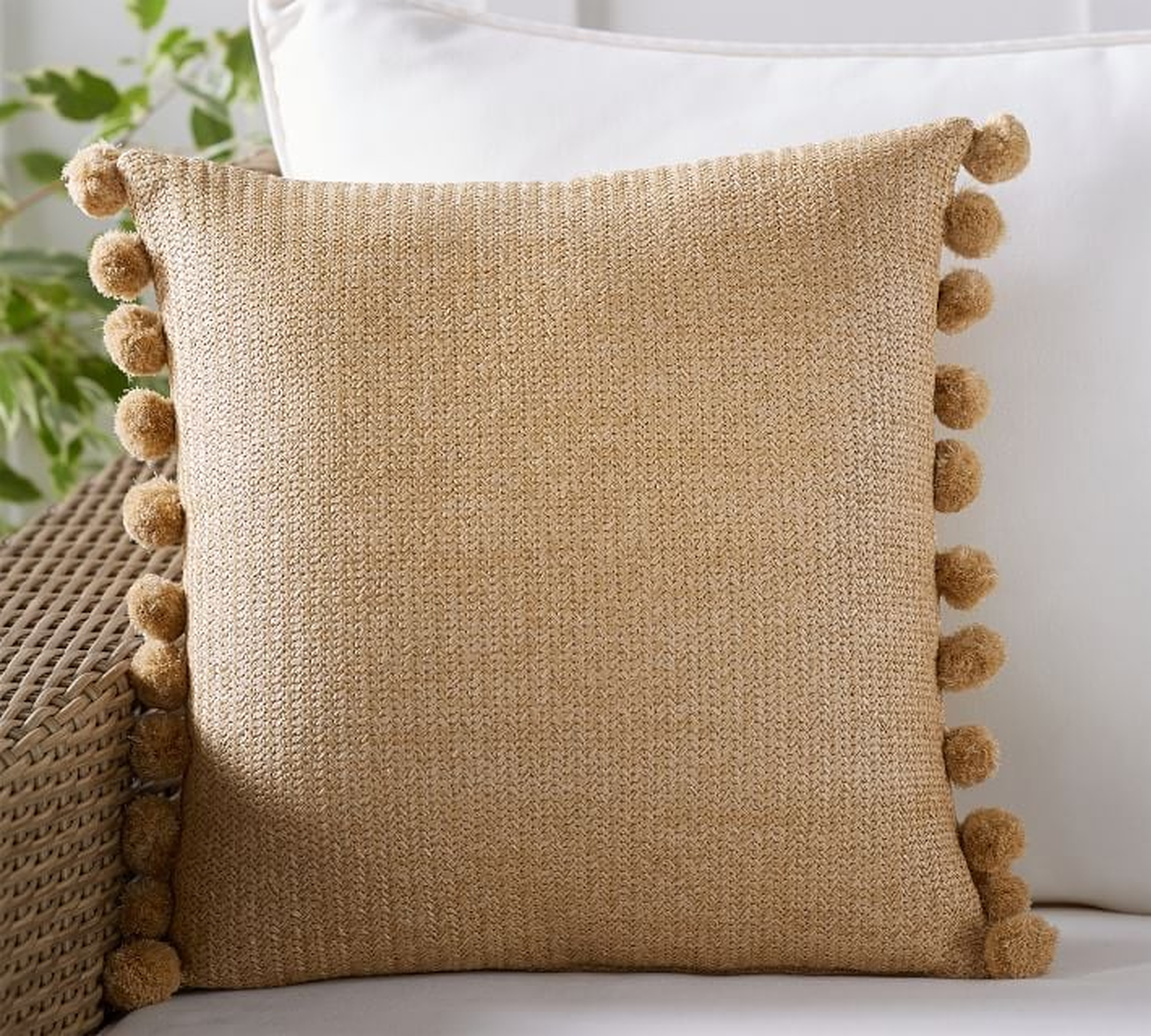 Faux Natural Fiber Pom Pom Indoor/Outdoor Pillow, Natural, 18" x 18" - Pottery Barn