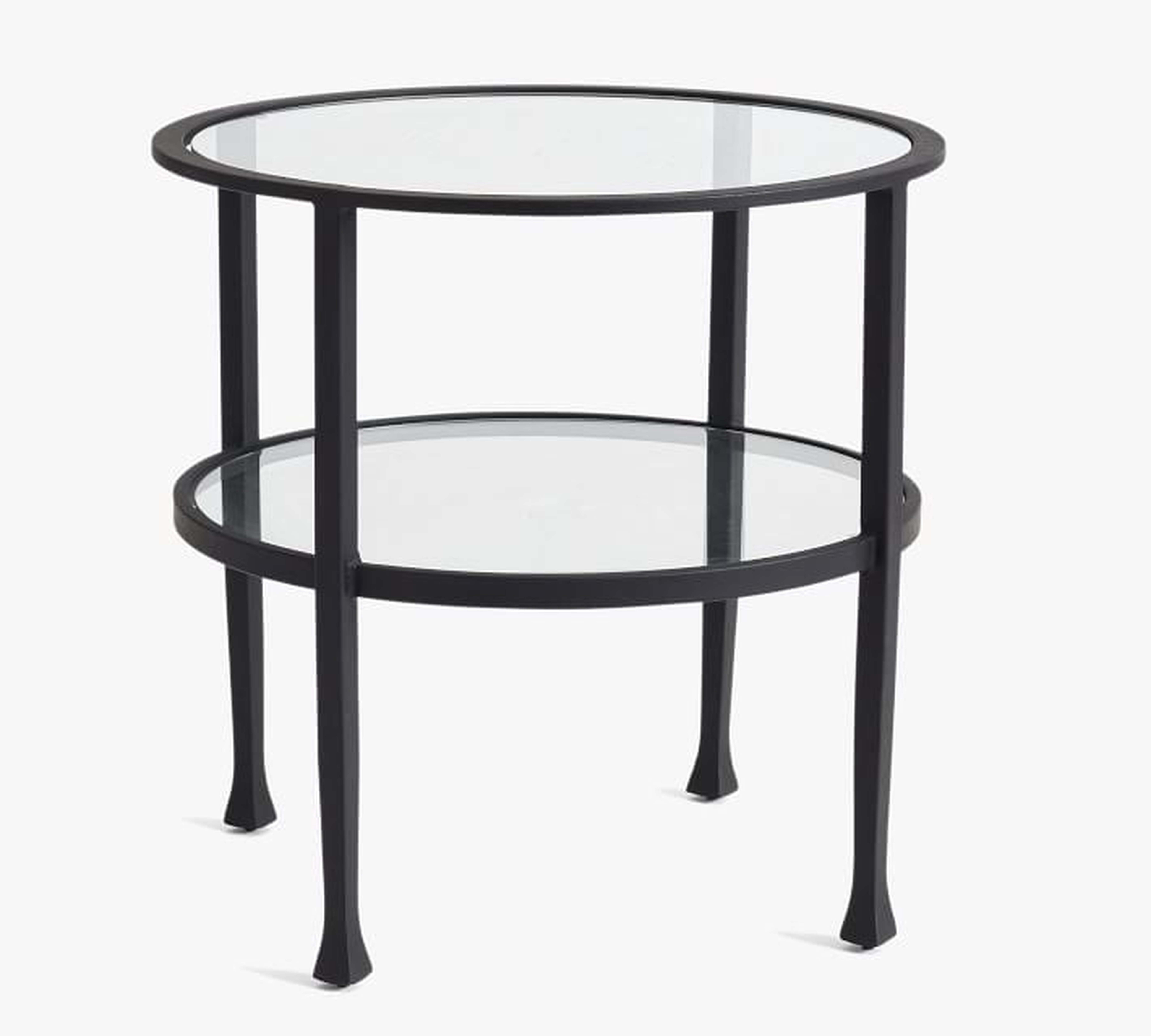 Tanner Metal & Glass Round End Table, Blackened Bronze - available aug - Pottery Barn