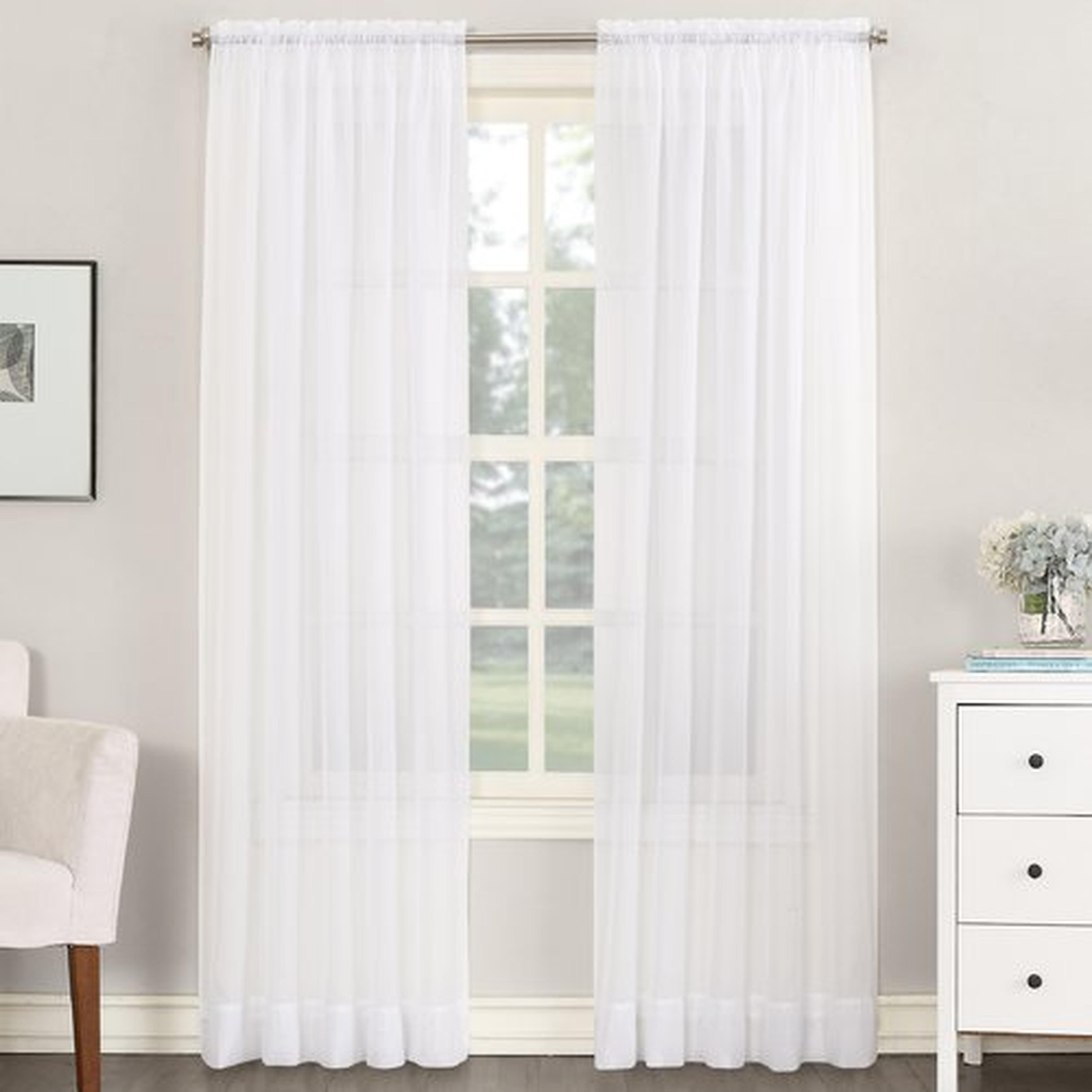 Emily Solid Color Sheer Rod Pocket Window Single Curtain Panel, White, 108"L - Wayfair