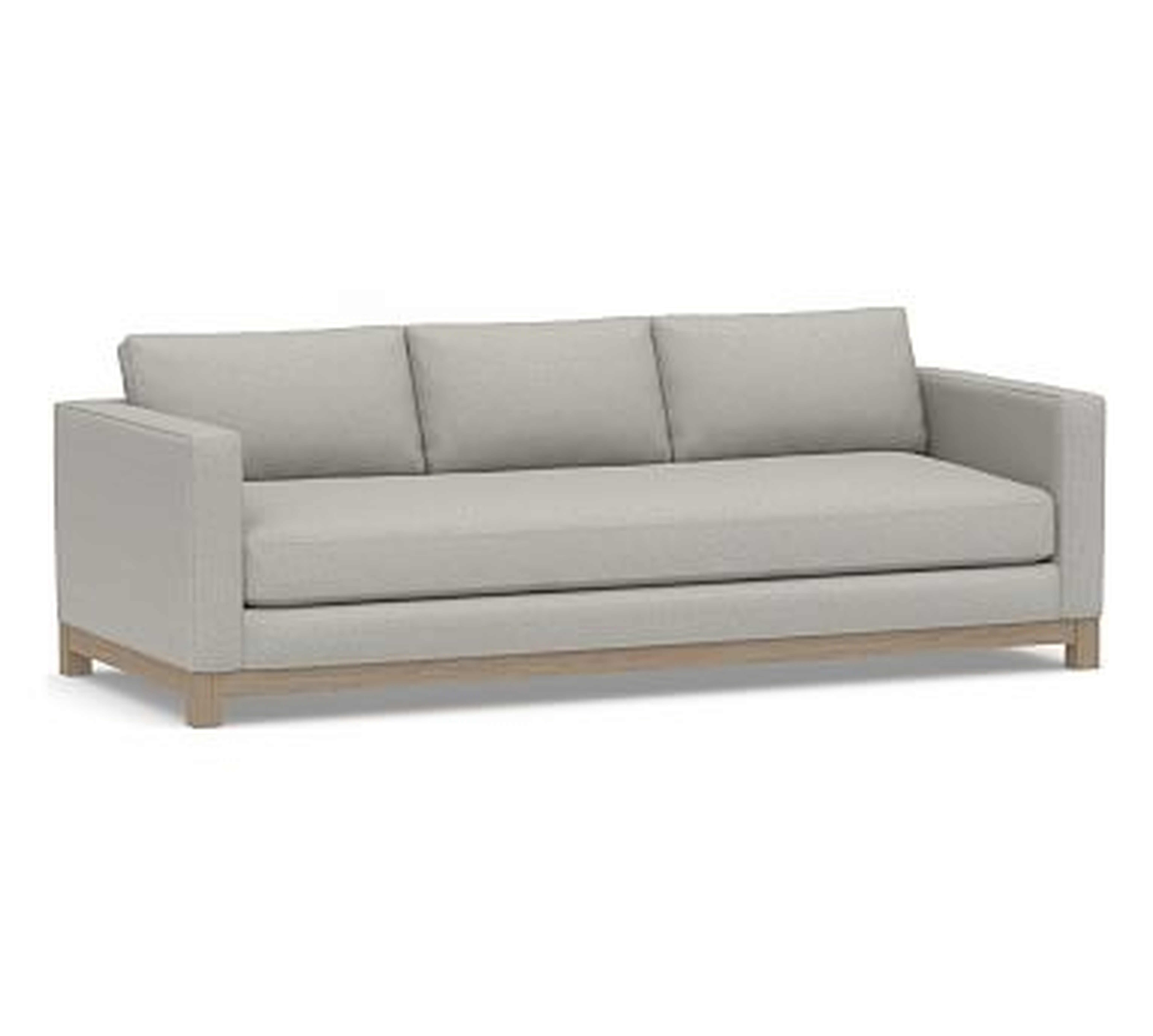 Jake Upholstered Grand Sofa 95" with Wood Legs, Polyester Wrapped Cushions, Performance Boucle Pebble - Pottery Barn