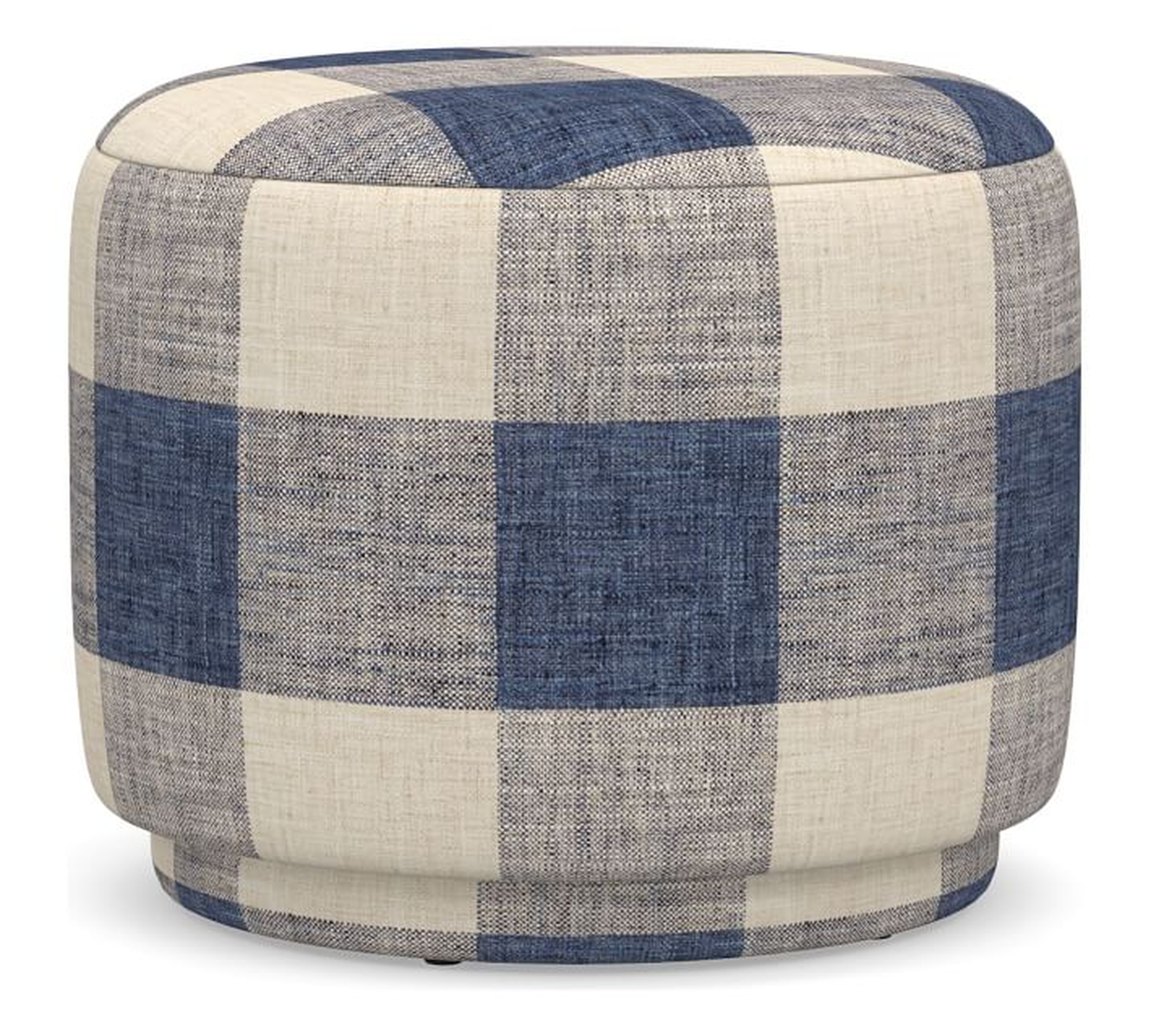 Madeline Upholstered Ottoman, Polyester Wrapped Cushions, Vintage Grainsack Buffalo Blue/Flax - Pottery Barn