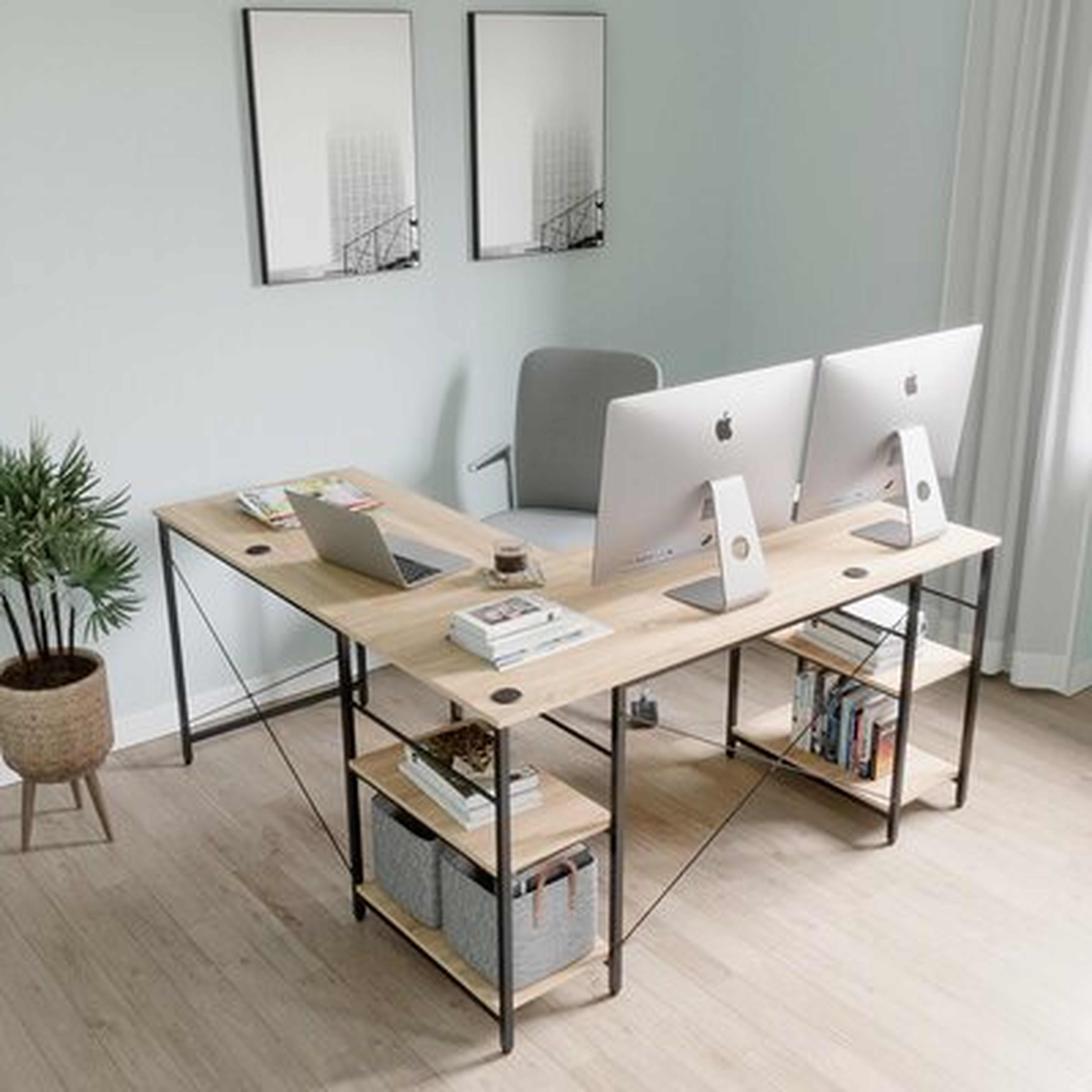 17 Stories L-Shaped Home Office Computer Desk Build-In Cable Holes Packaged With Wood Monitor Stand Riser - Wayfair