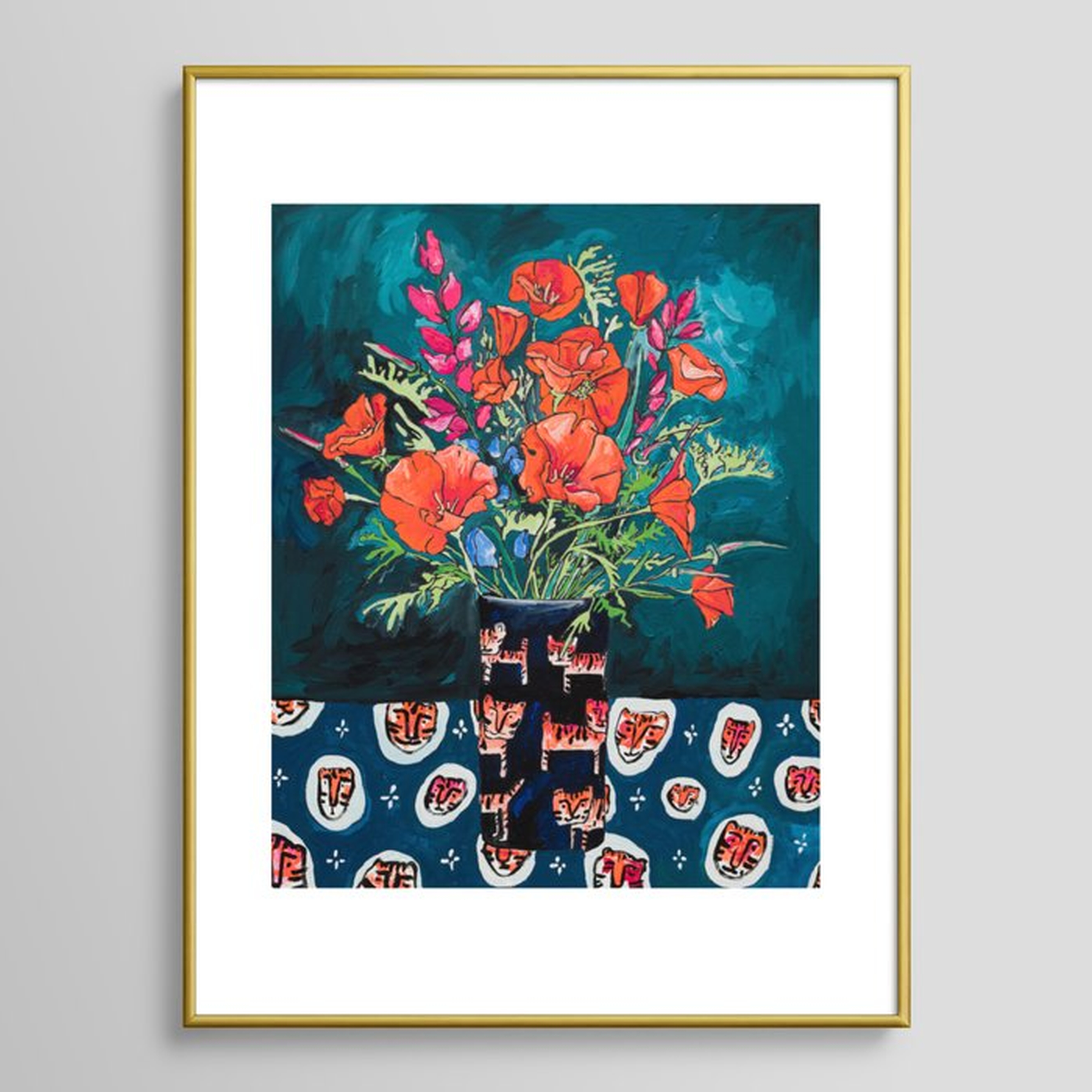 California Poppy and Wildflower Bouquet on Emerald with Tigers Still Life Painting Framed Art Print - Society6