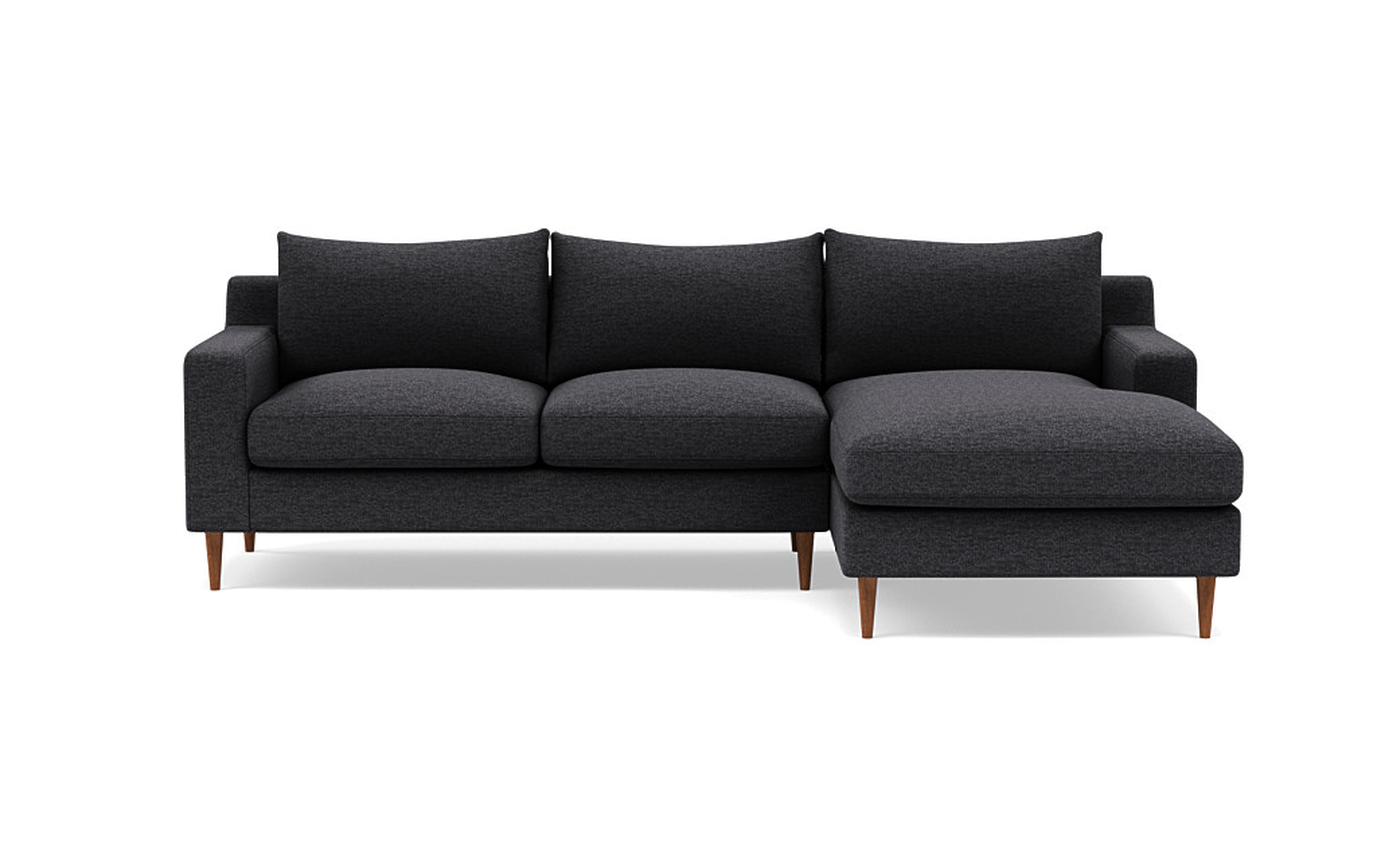 SLOAN Right Chaise Sectional in Coal with Oiled Walnut Tapered Round Wood Legs - Interior Define