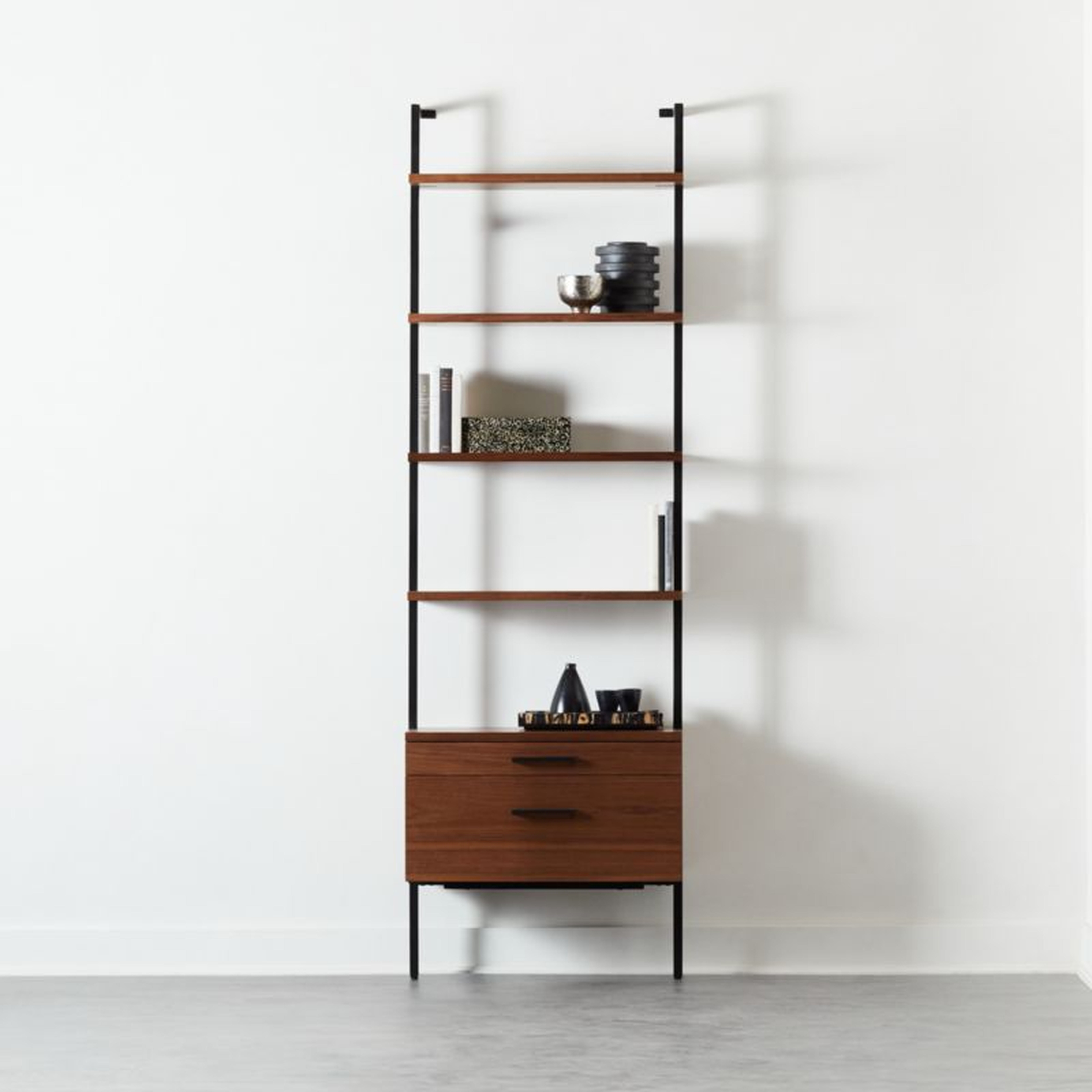 Helix 96" Walnut Bookcase with 2 Drawers; Arrives: Estimated on backorder until late January 2024. - CB2