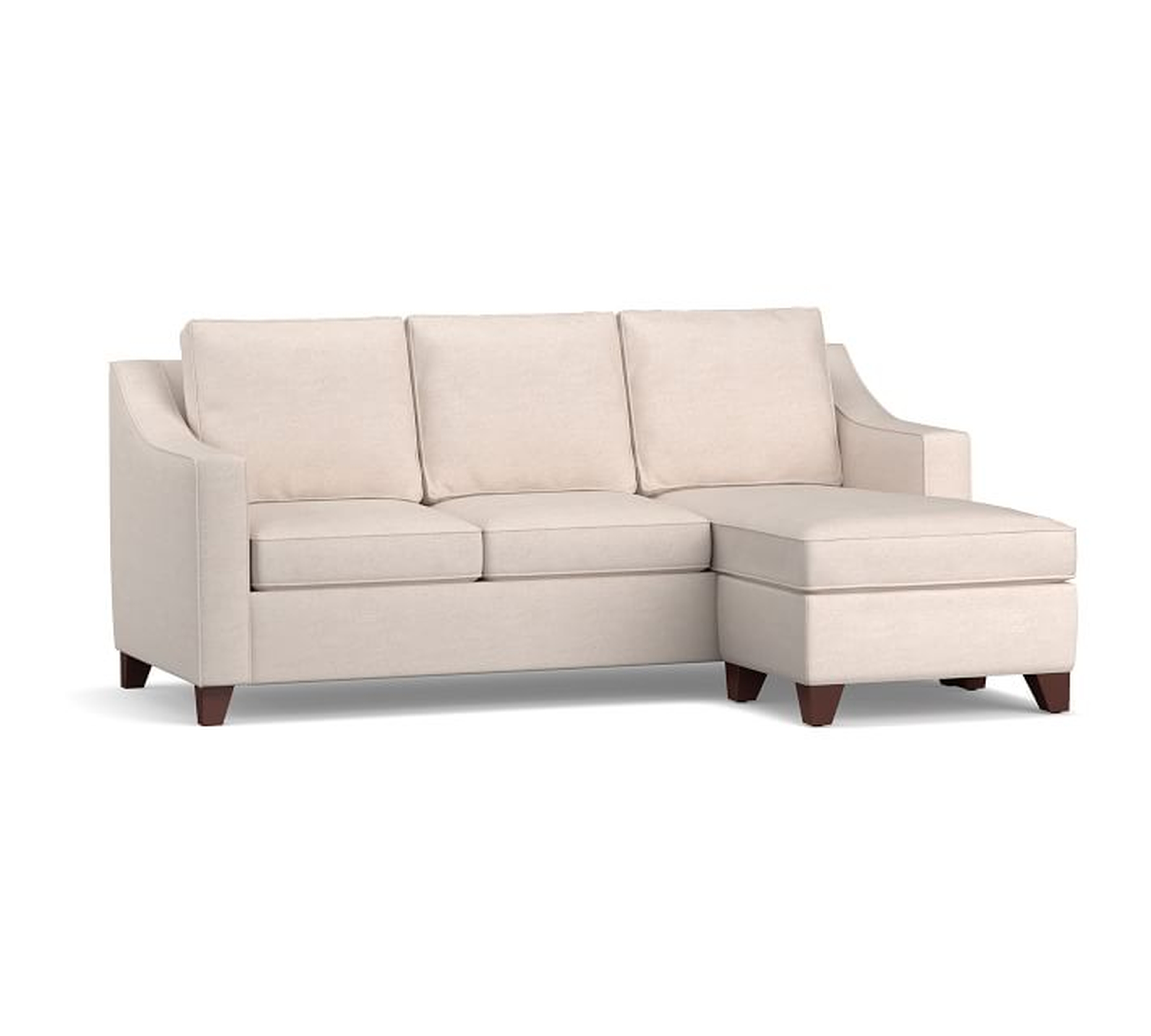 Cameron Slope Arm Upholstered Sleeper Sofa with Reversible Storage Chaise Sectional, Polyester Wrapped Cushions, Performance Heathered Tweed Pebble - Pottery Barn