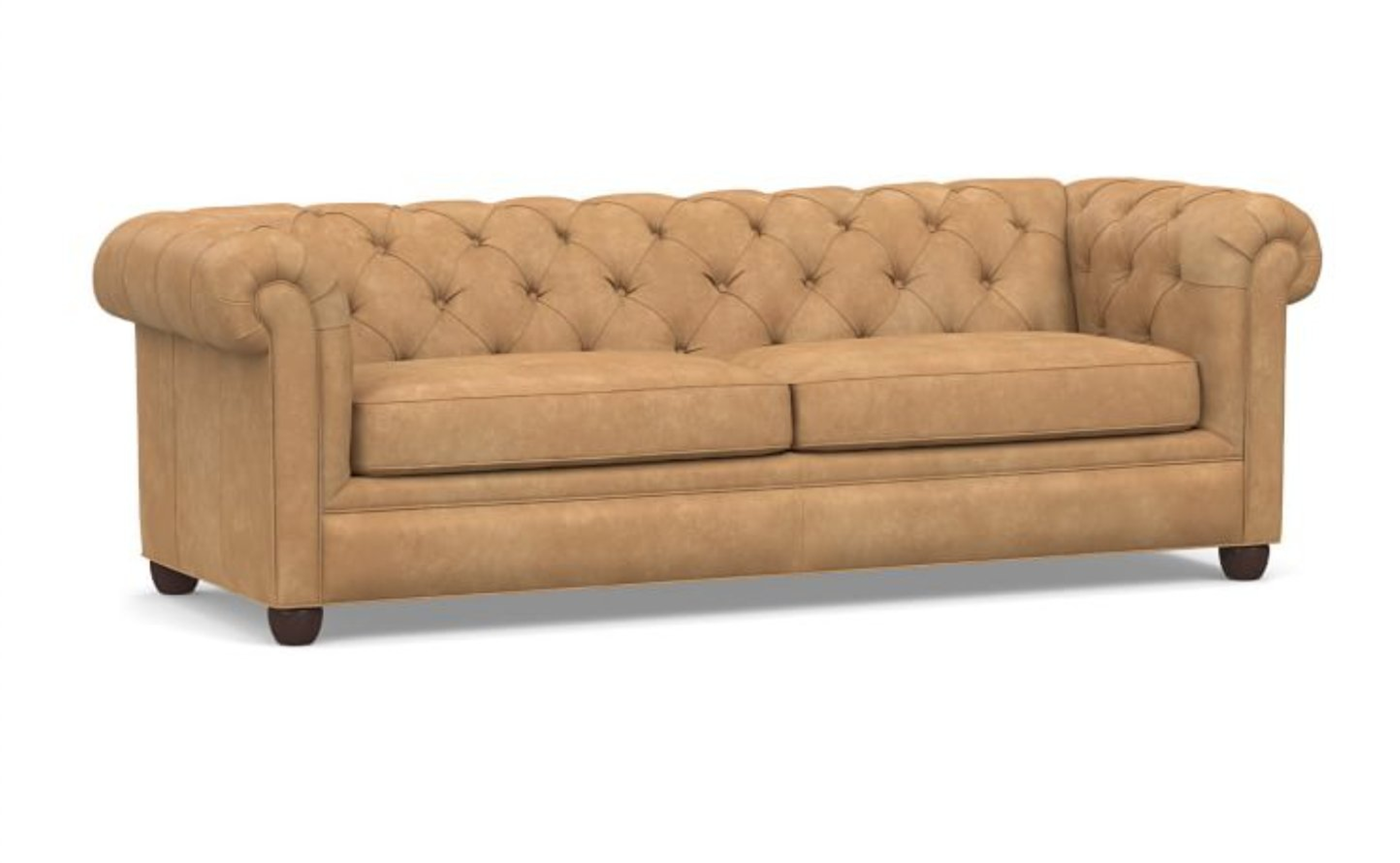 Chesterfield Roll Arm Leather Grand Sofa 96", Polyester Wrapped Cushions, Nubuck Fawn - Pottery Barn