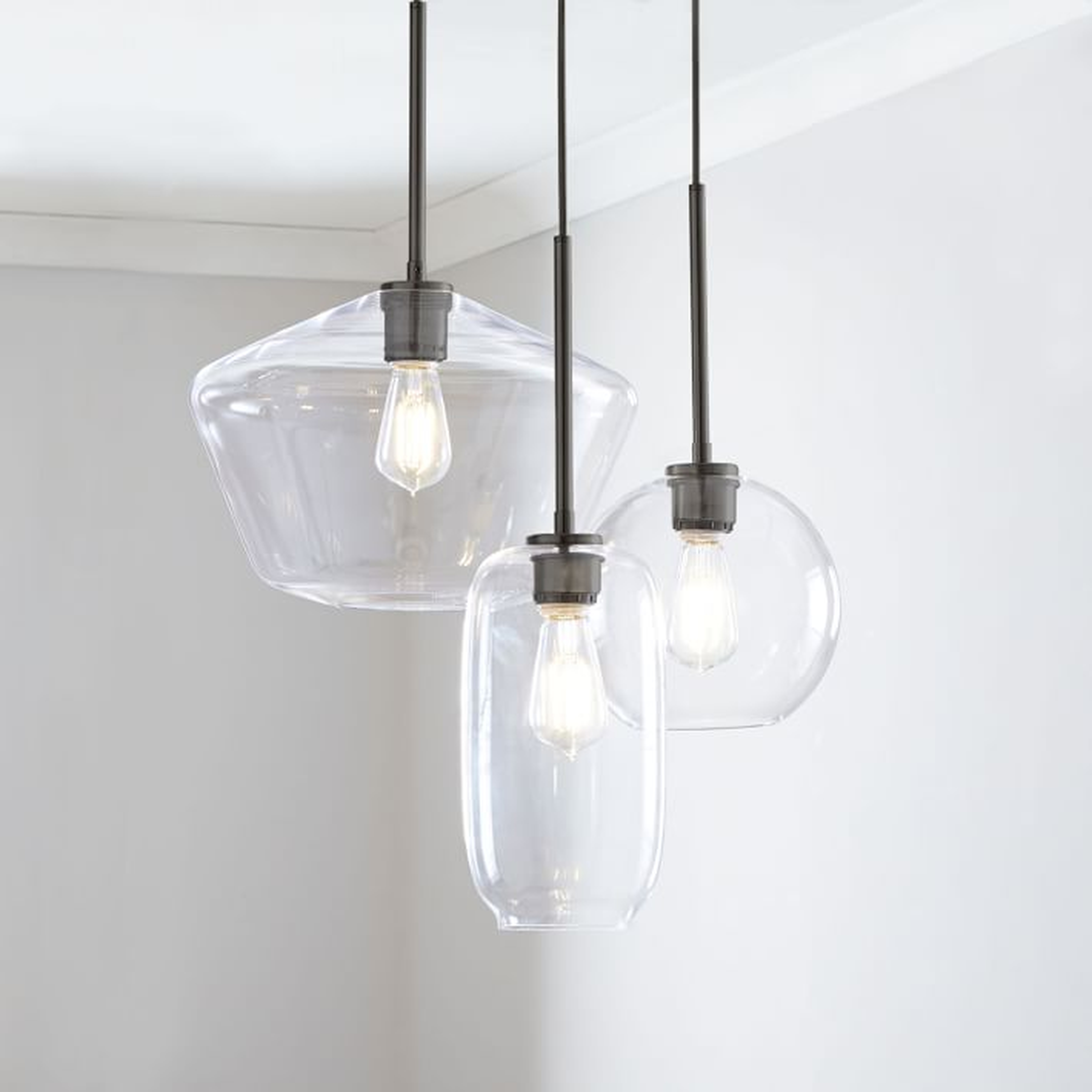 Sculptural Glass 3-Light Round Mixed Chandelier, S Globe,-M Pebble,-L Geo, Clear Shade - West Elm