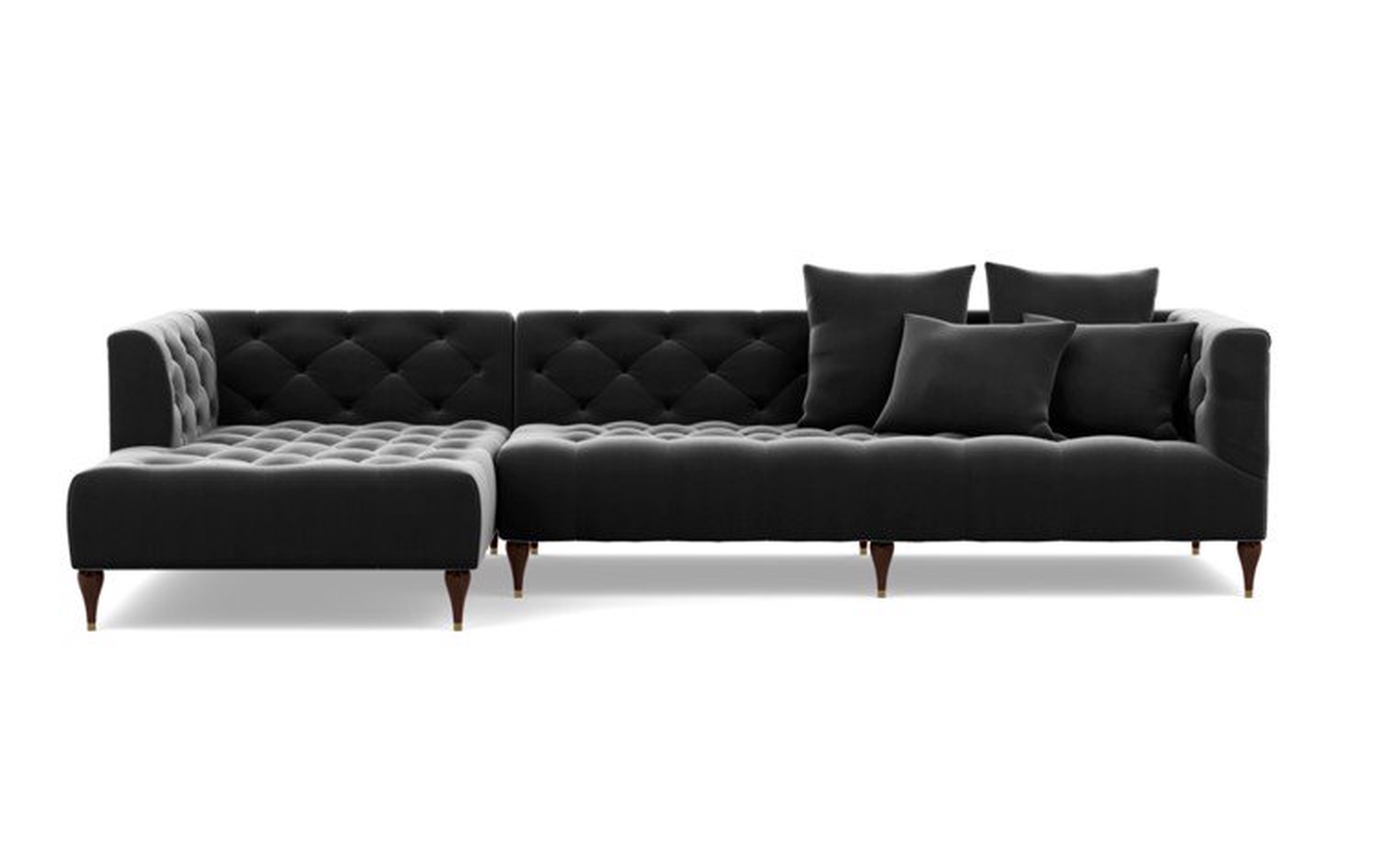 Ms. Chesterfield Chaise Sectional in Narwhal Fabric with Oiled Walnut with  Brass Plated Sloan L Leg - Interior Define
