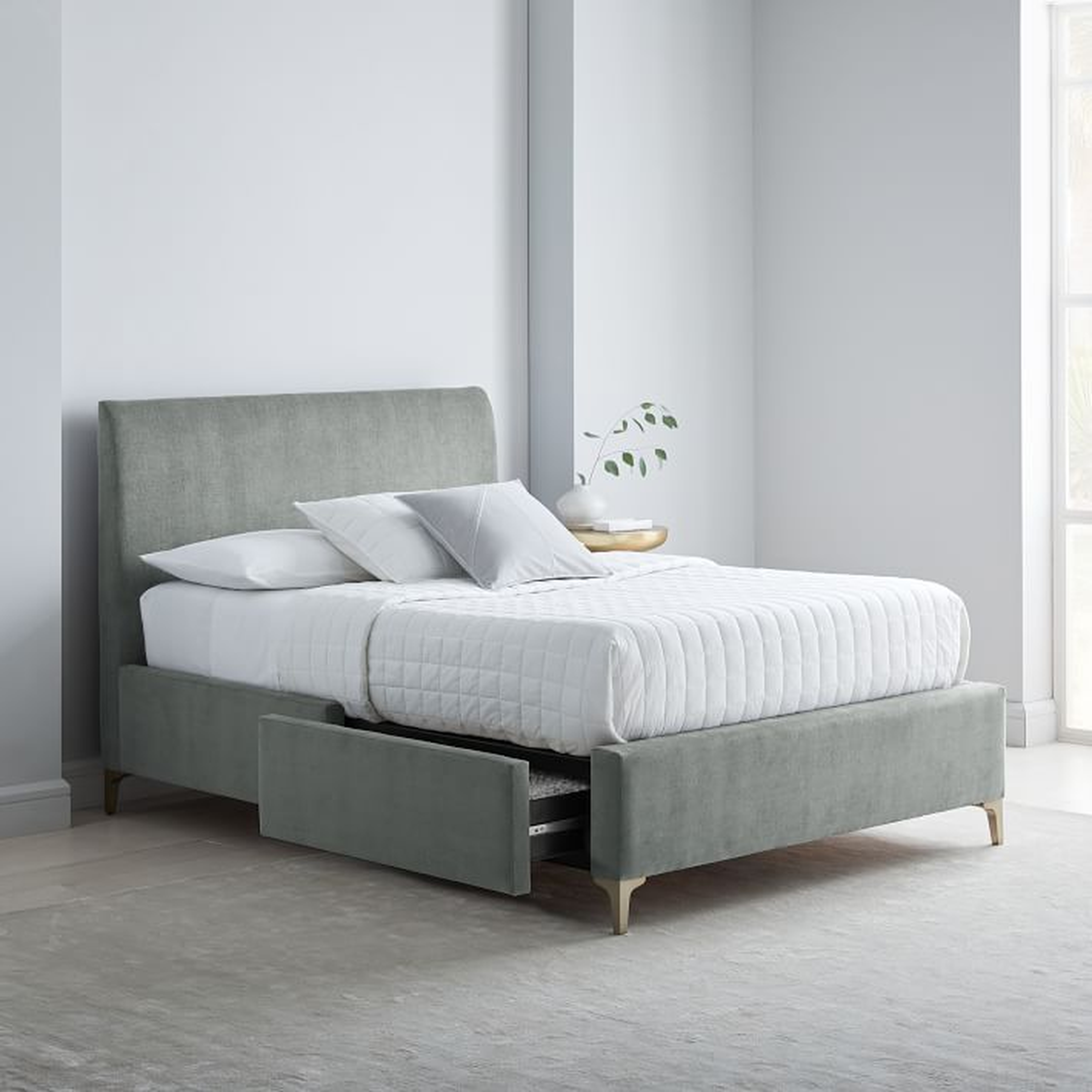 Andes Deco Upholstered Storage Bed, King, Performance Washed Canvas, Feather Gray, Light Bronze - West Elm