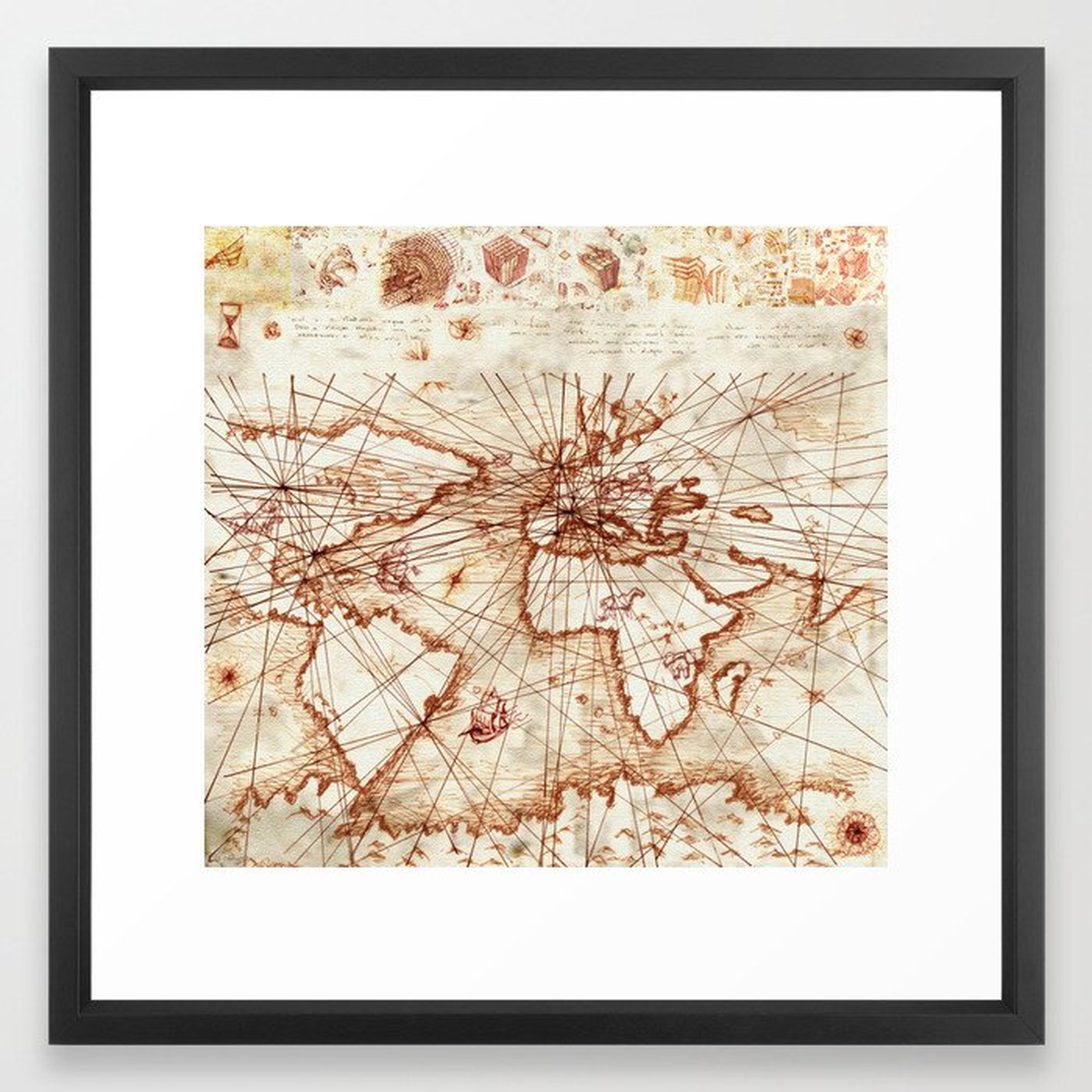 Vintage route map of the world - Leonardo Da Vinci Framed Art Print - Society6