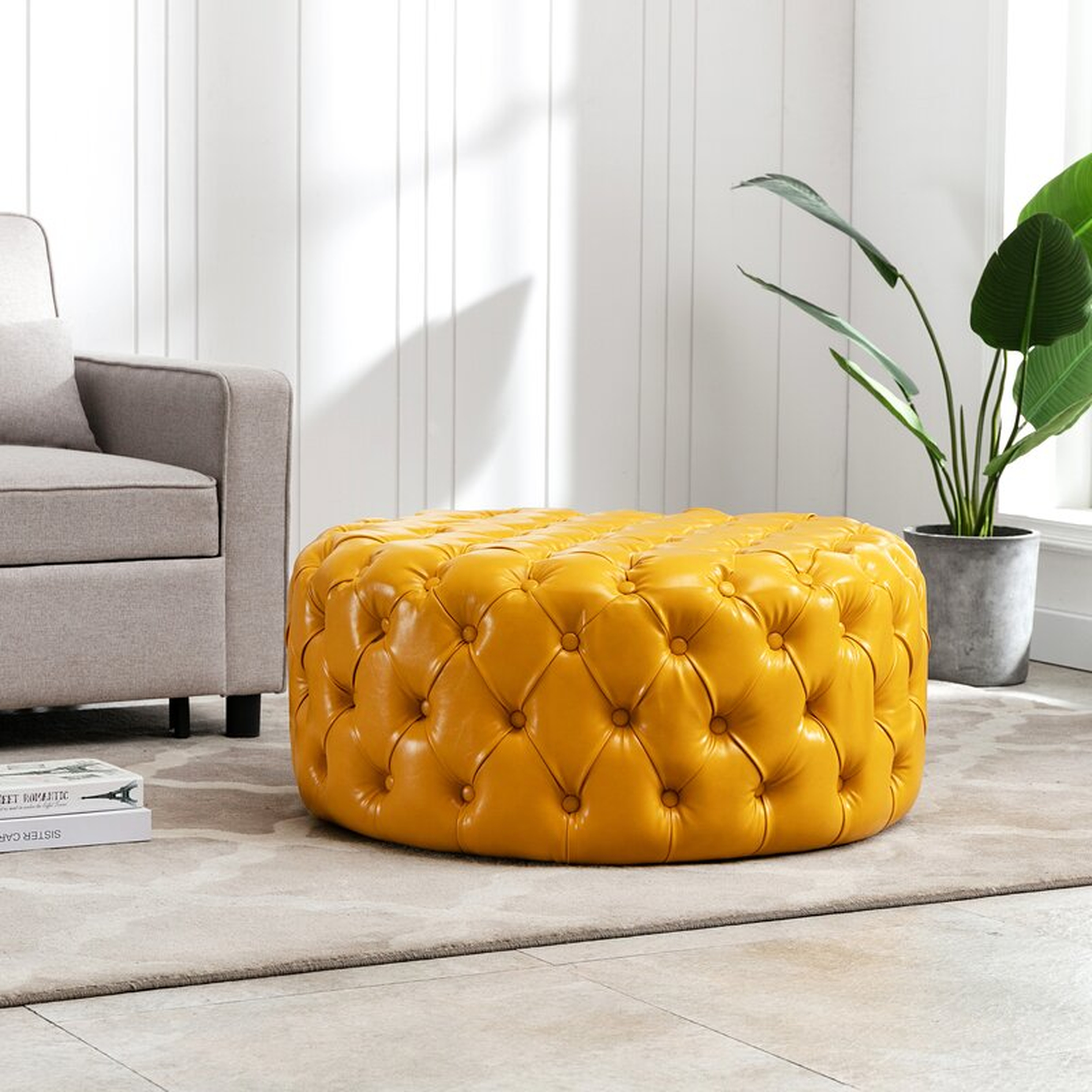 Burmeister 35.4'' Wide Faux Leather Tufted Round Cocktail Ottoman - Wayfair