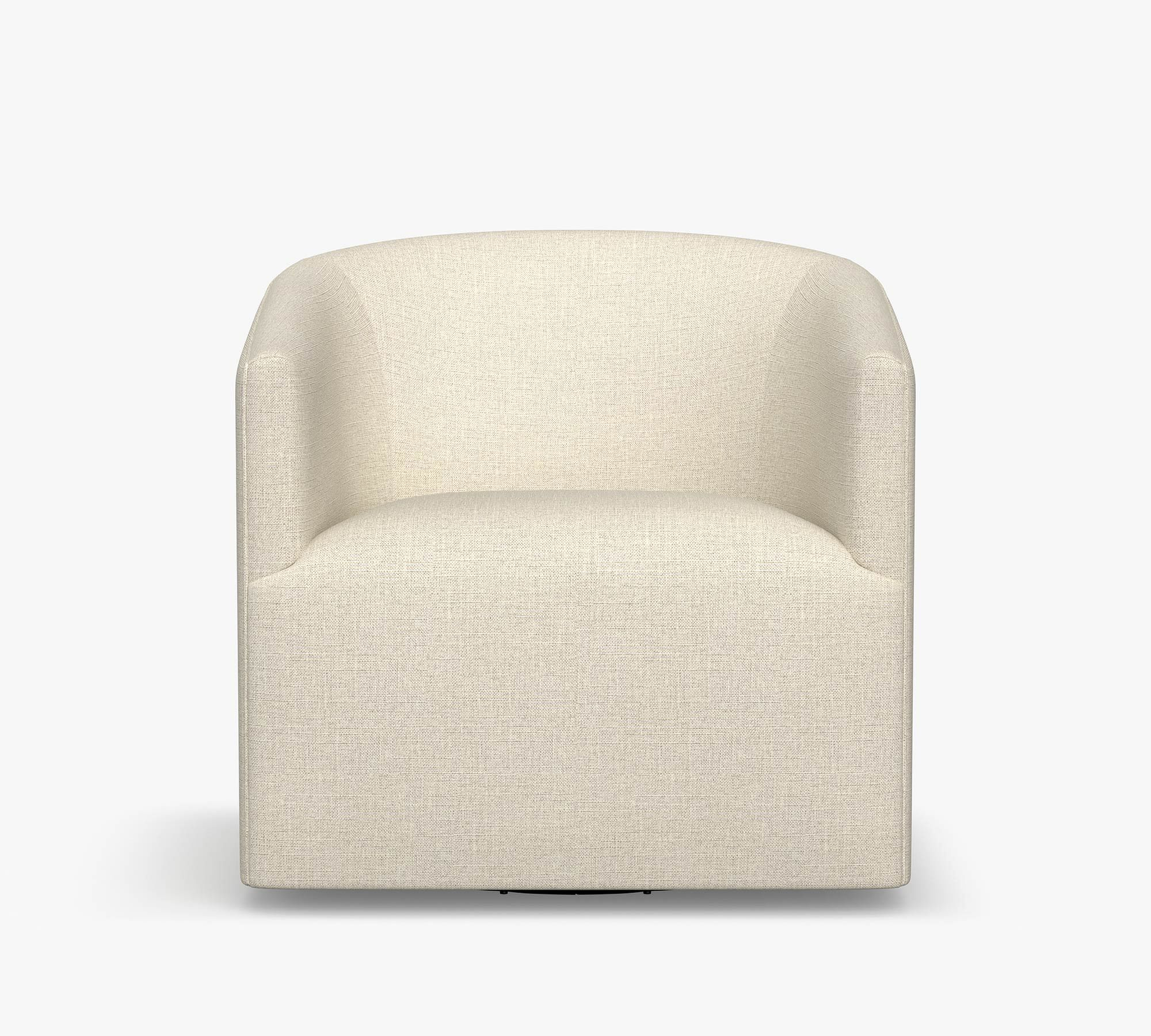 Baldwin Upholstered Swivel Armchair, Polyester Wrapped Cushions, Performance Heathered Basketweave Alabaster White - Pottery Barn
