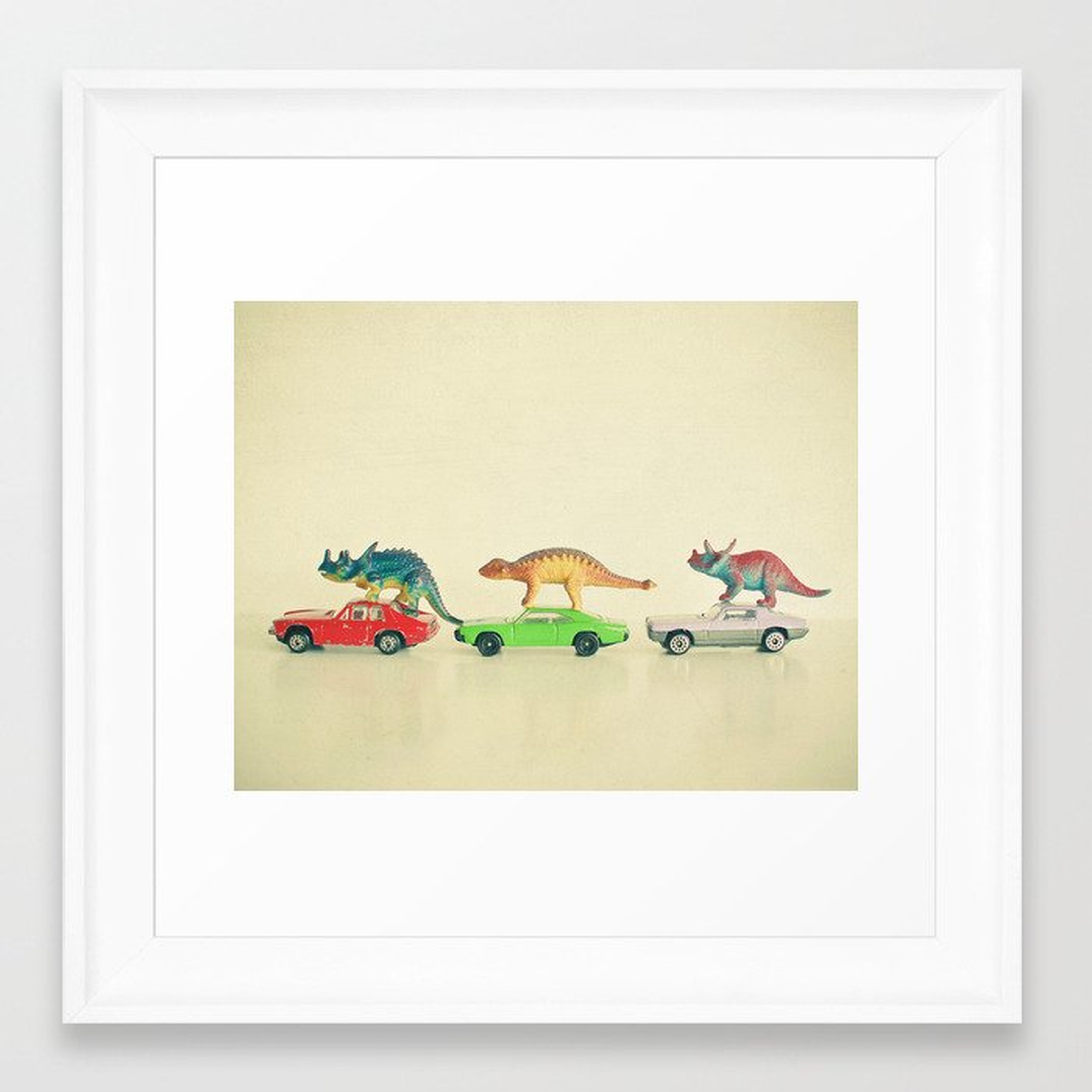 Dinosaurs Ride Cars Framed Art Print - 12x12 - scoop white - Society6