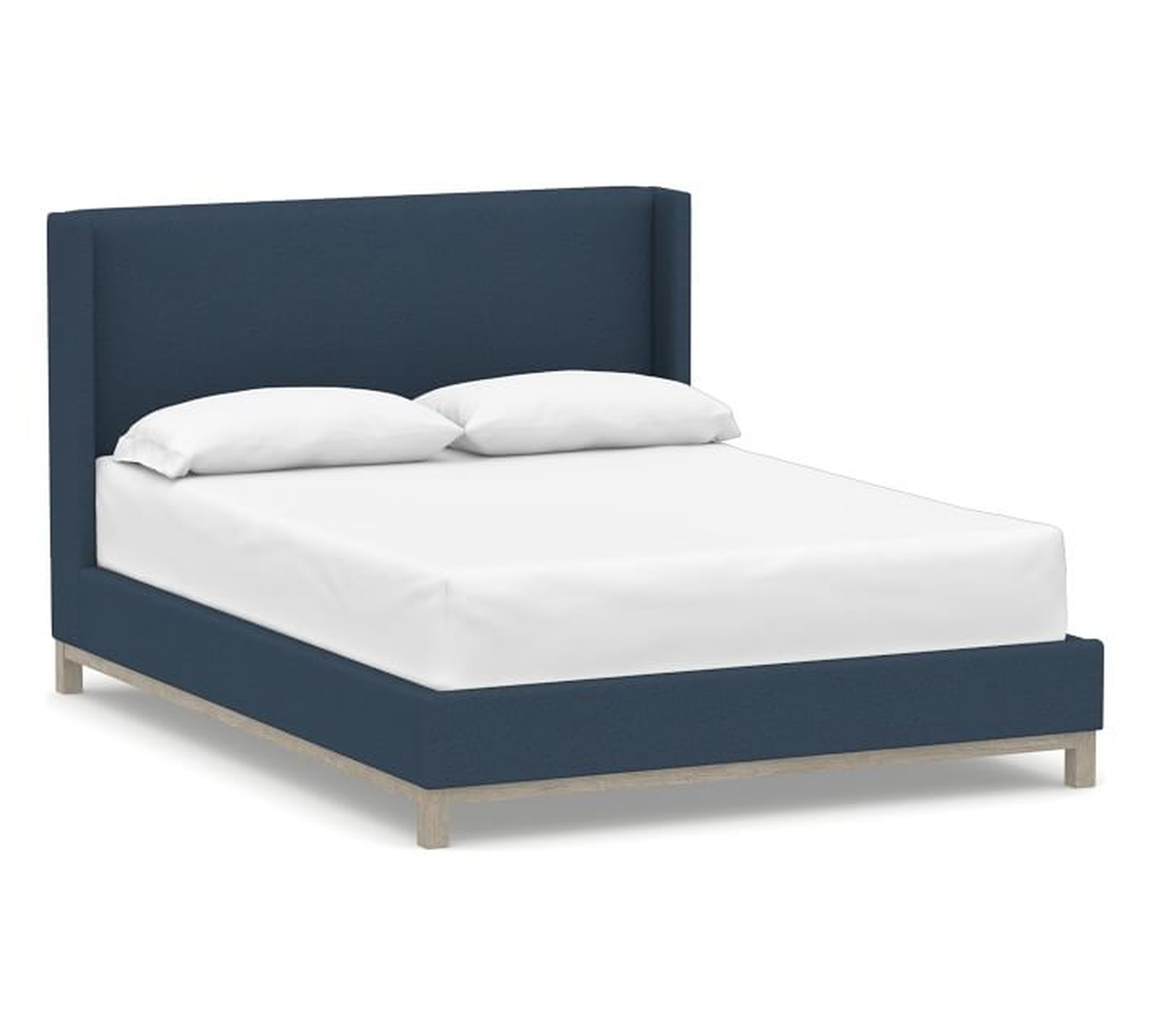 Jake Upholstered Bed with Gray Wash Frame, King, Brushed Crossweave Navy - Pottery Barn