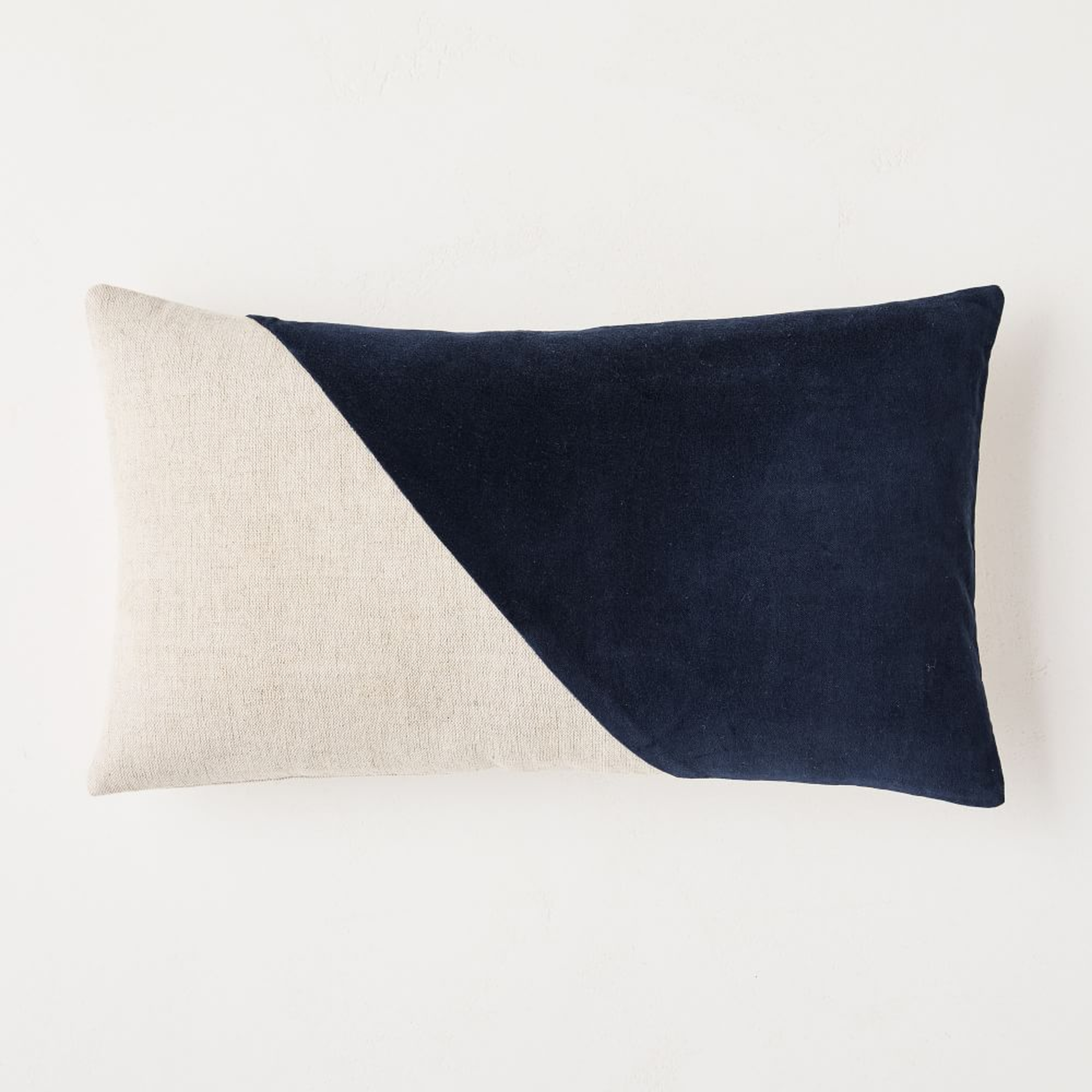 Cotton Linen + Velvet Lumbar Pillow Cover, 12"x21", Midnight - West Elm