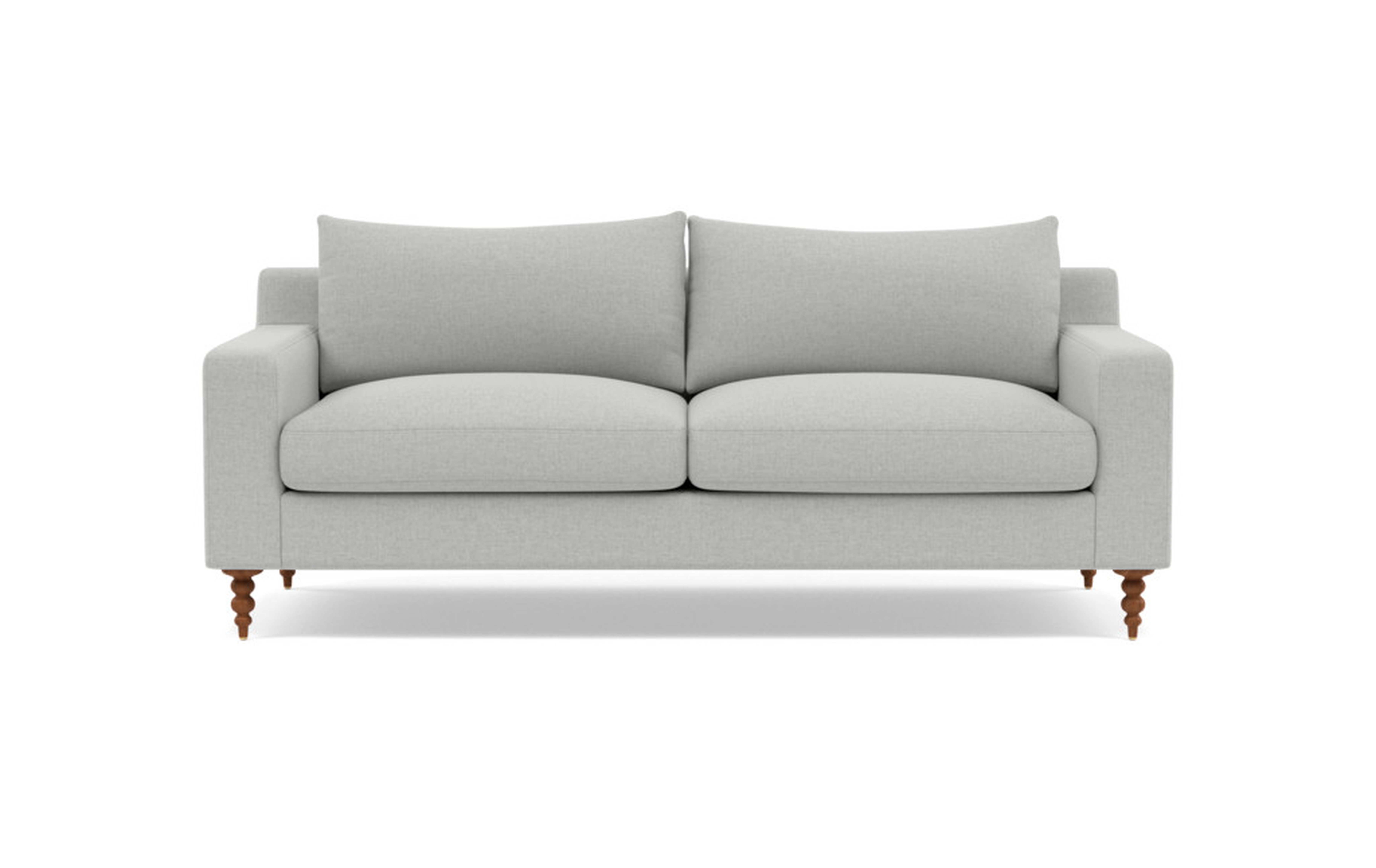 SLOAN Fabric 2-Seat Sofa, Ecru Monochromatic Plush, Oiled Walnut Tapered Turned Wood, 75", 40" Depth, 2 Cushions, Standard Down Fill - Interior Define