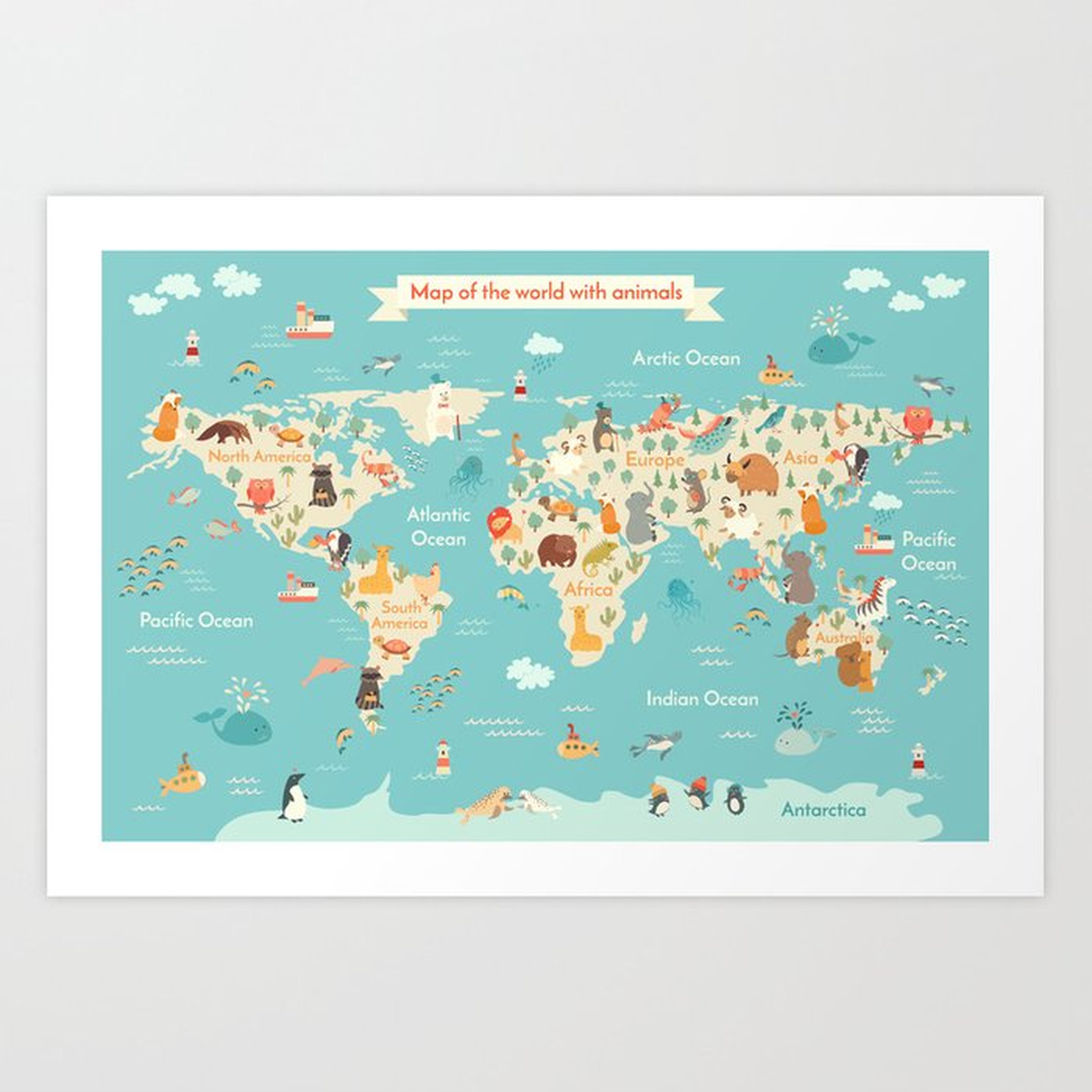 Animals world map for kid Art Print - 28" x 20" - Society6