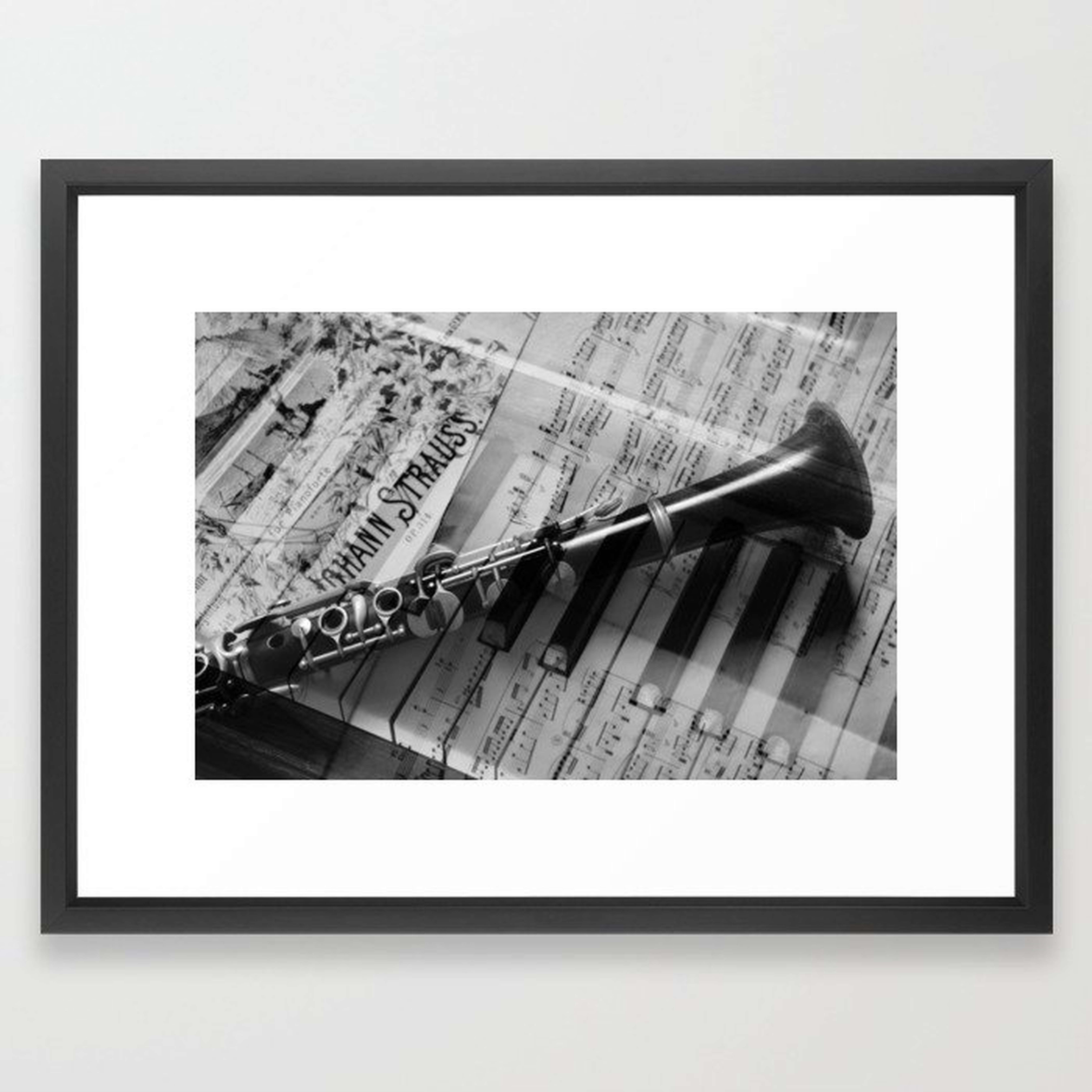 clarinet and piano - black and white Framed Art Print - Society6
