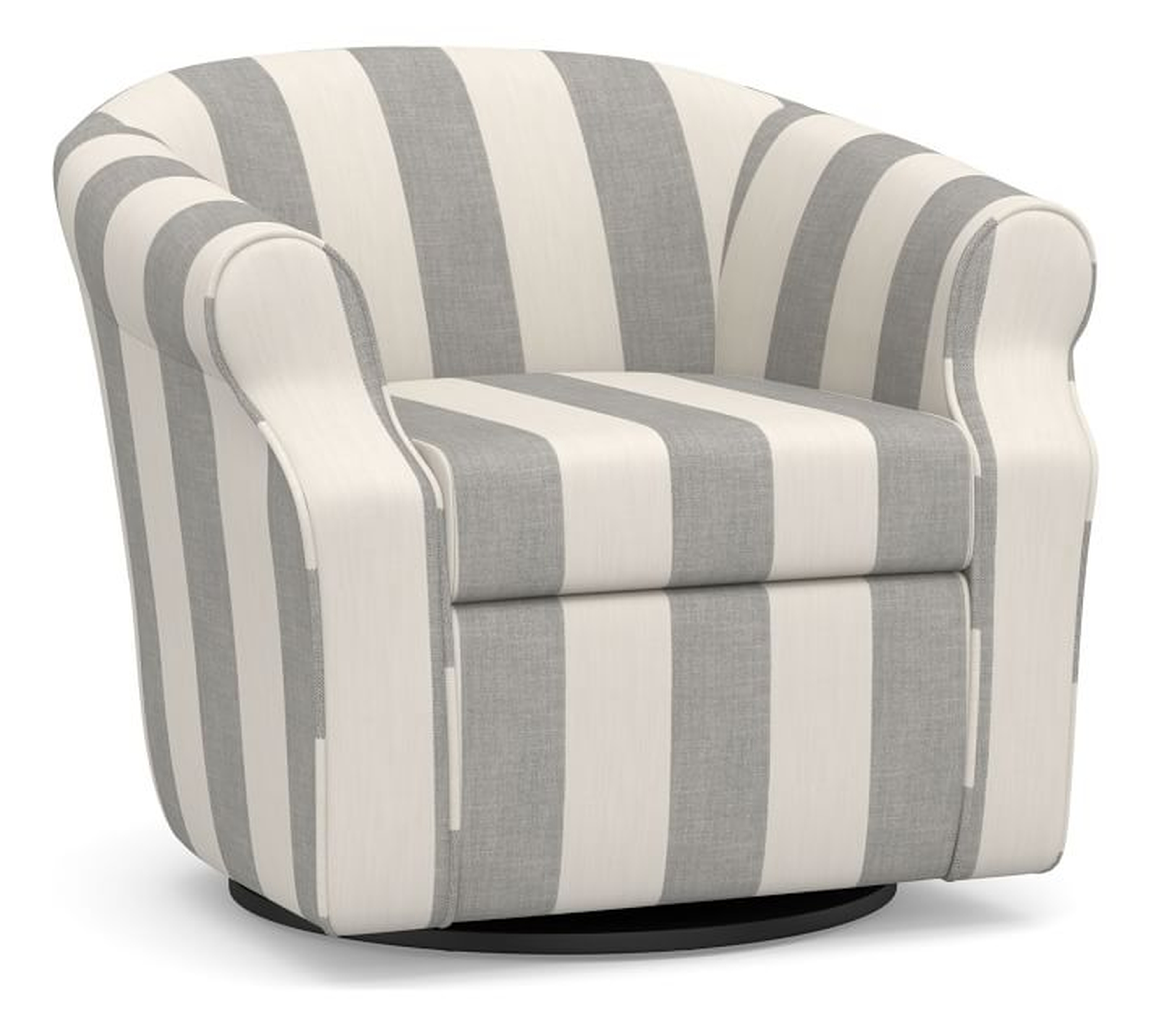 SoMa Lyndon Upholstered Swivel Armchair, Polyester Wrapped Cushions, Premium Performance Awning Stripe Light Gray/Ivory - Pottery Barn
