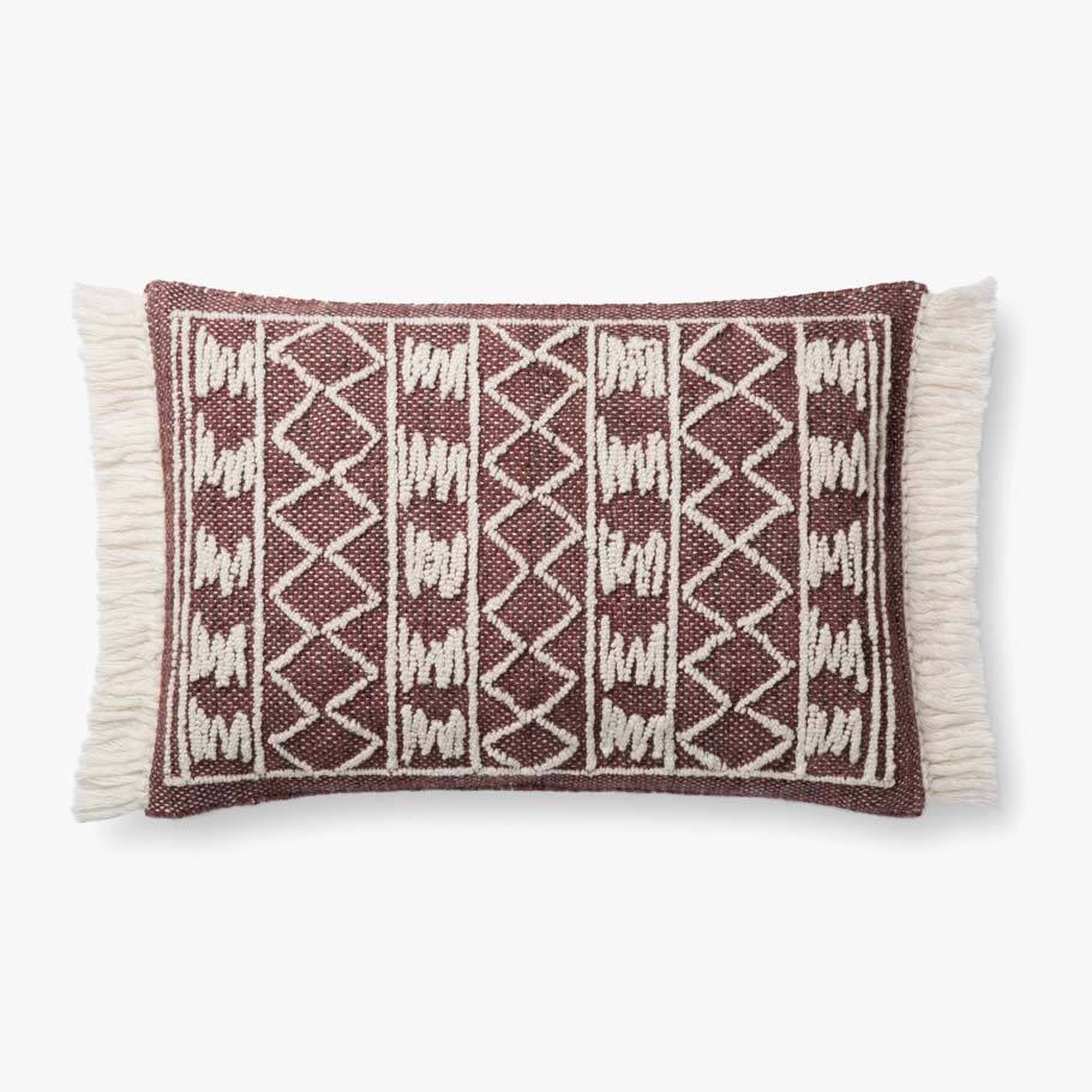 Embroidered Fringe Boho Lumbar Pillow, Poly Fill, Burgundy, 26" x 16" - Loloi II