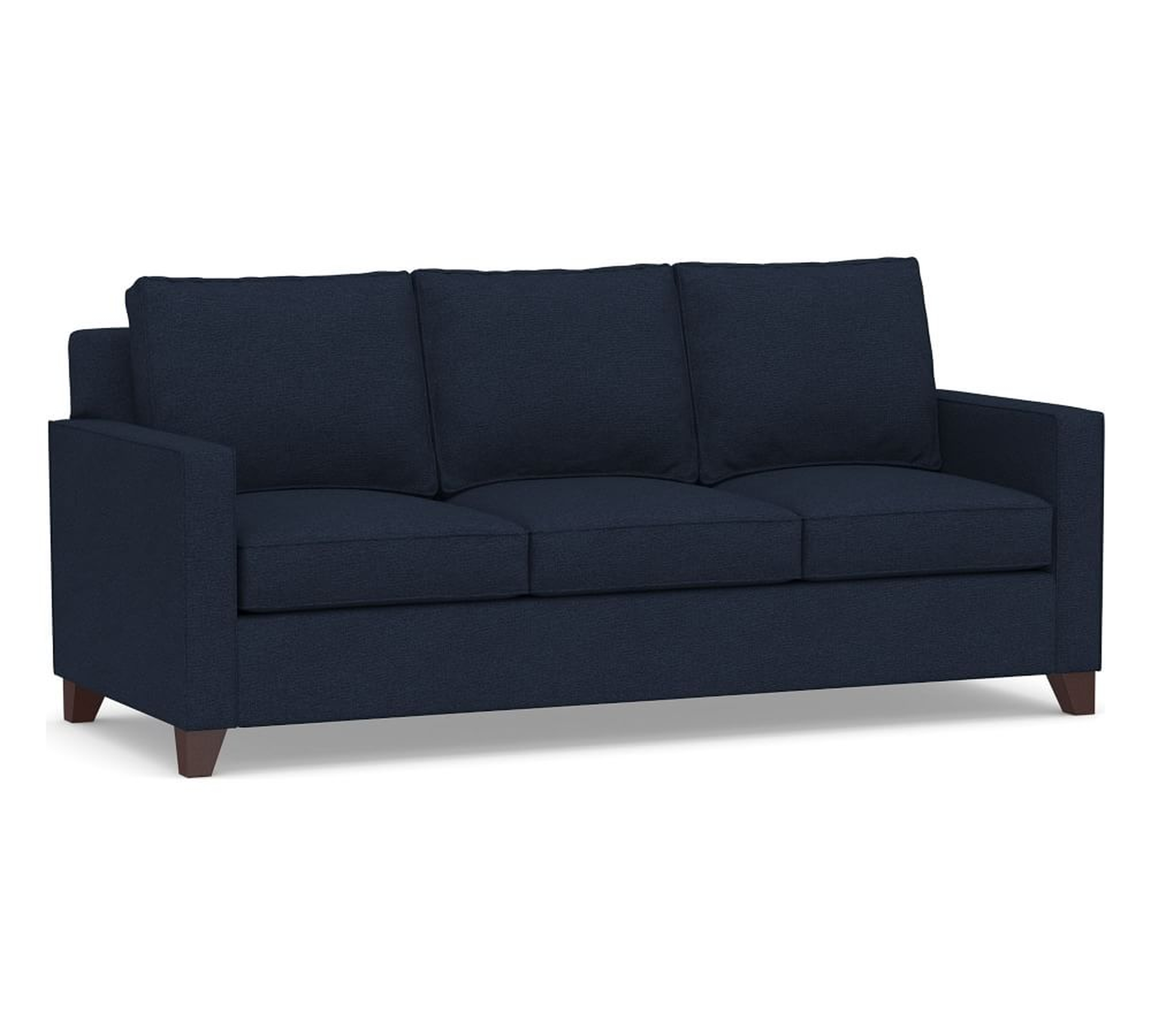 Cameron Square Arm Upholstered Sofa 86" 3-Seater, Polyester Wrapped Cushions, Performance Heathered Basketweave Navy - Pottery Barn