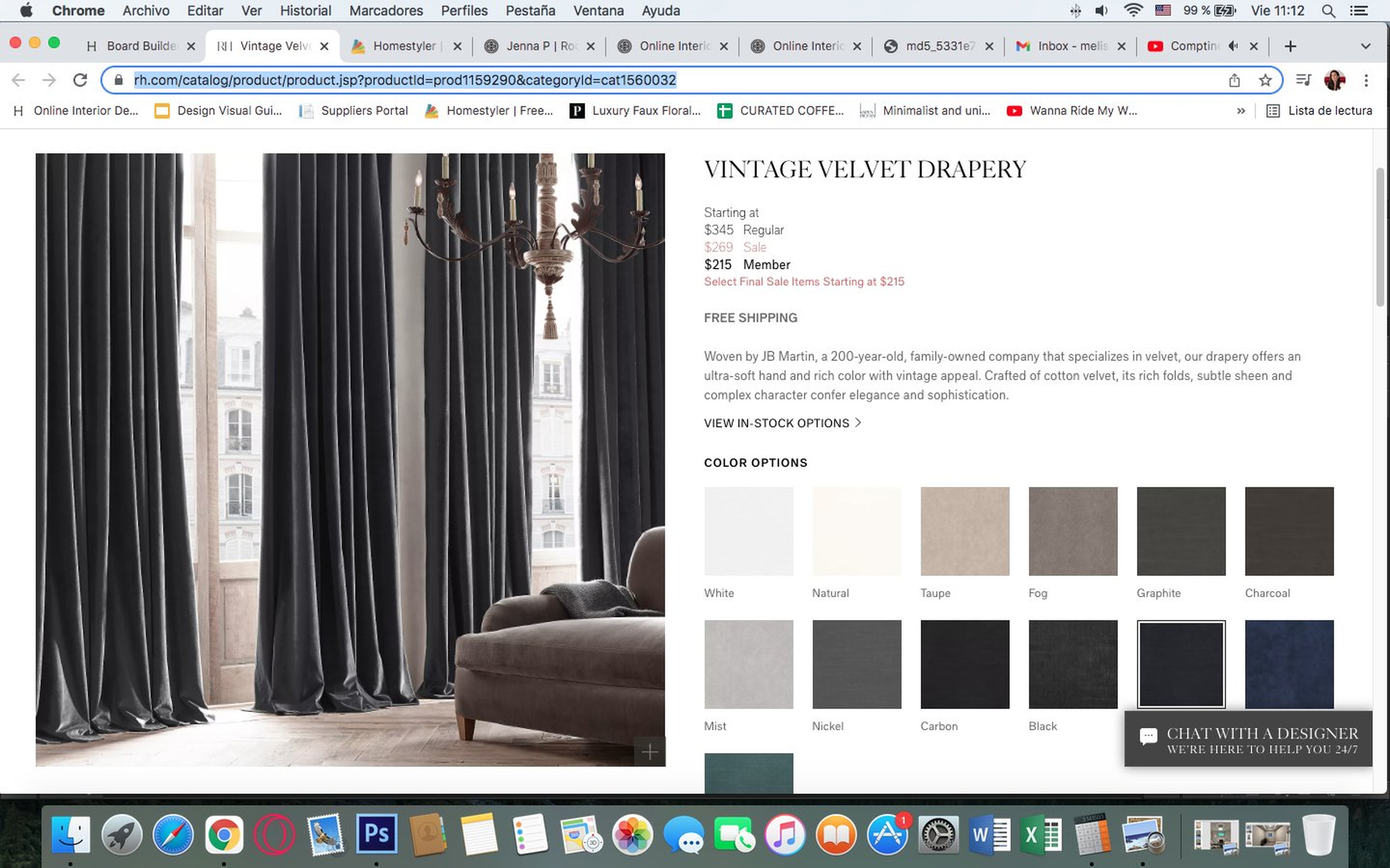 Vintage Velvet Curtain Panel -Twilight - 50" X 120" - Cotton lining - RH