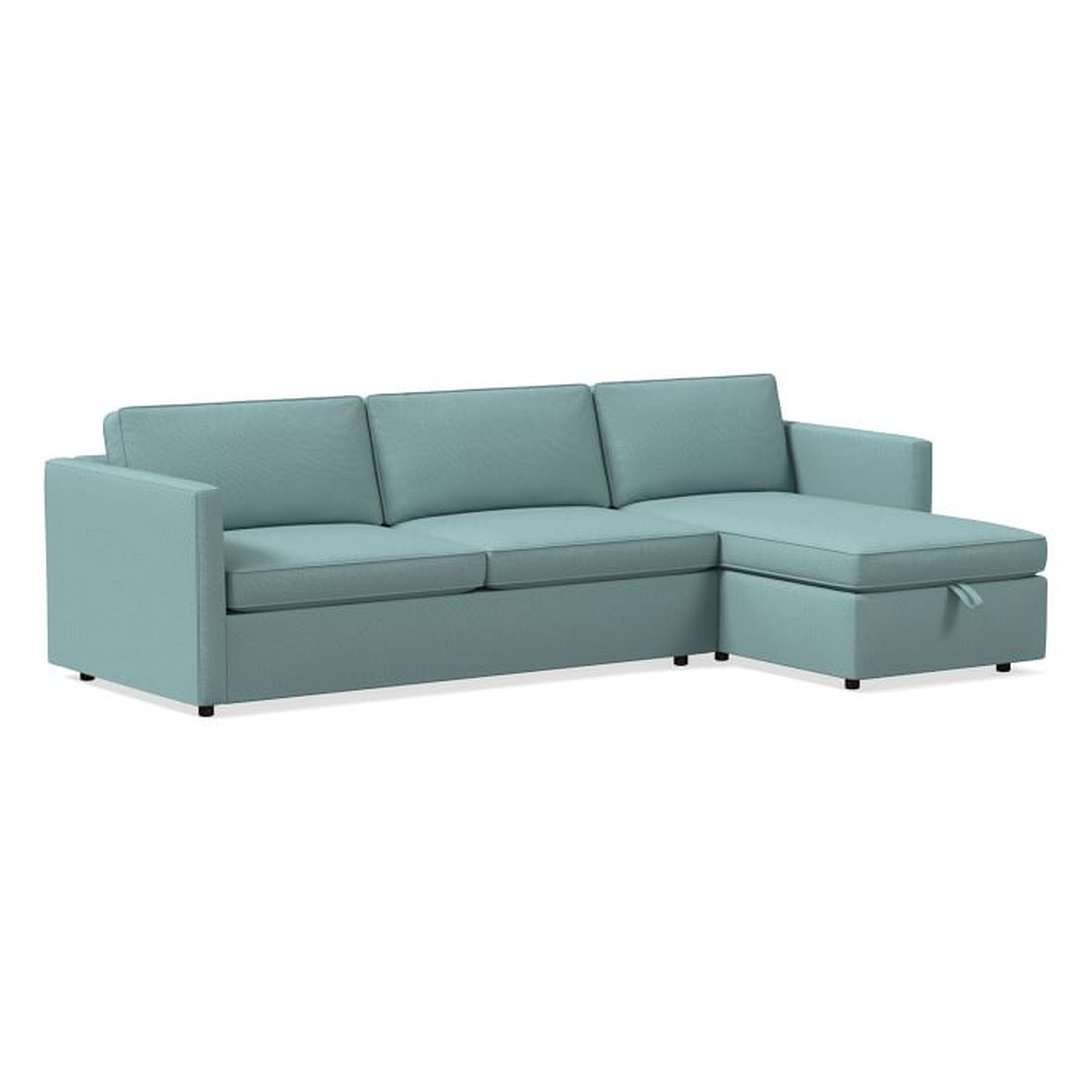 Harris Sectional Set 07: Left Arm 75" Sofa, Right Arm Storage Chaise, Poly, Heathered Weave, Eucalyptus, - West Elm