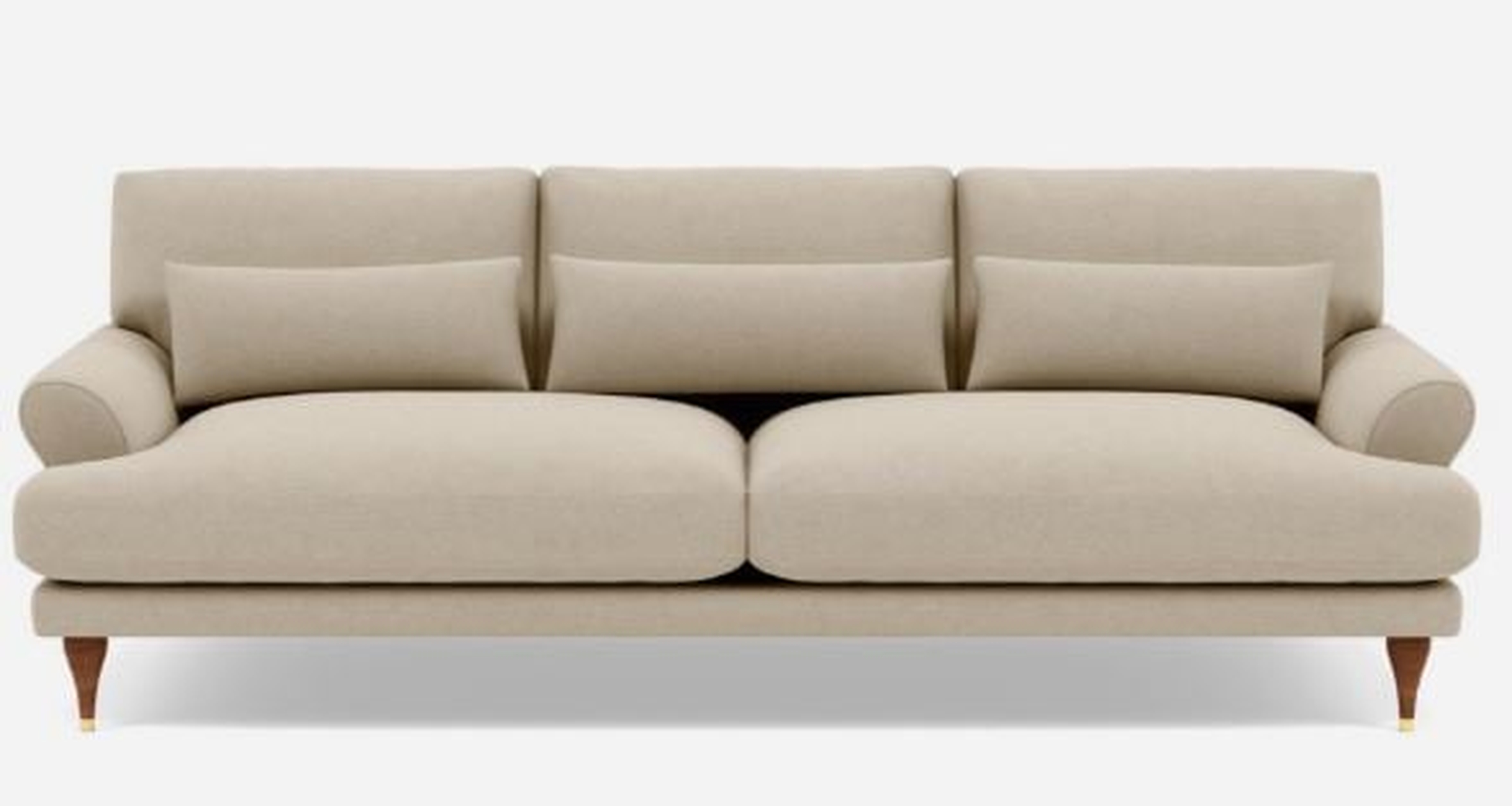 Maxwell Sofa with Beige Oatmeal Fabric and Oiled Walnut with Brass Cap legs - Interior Define