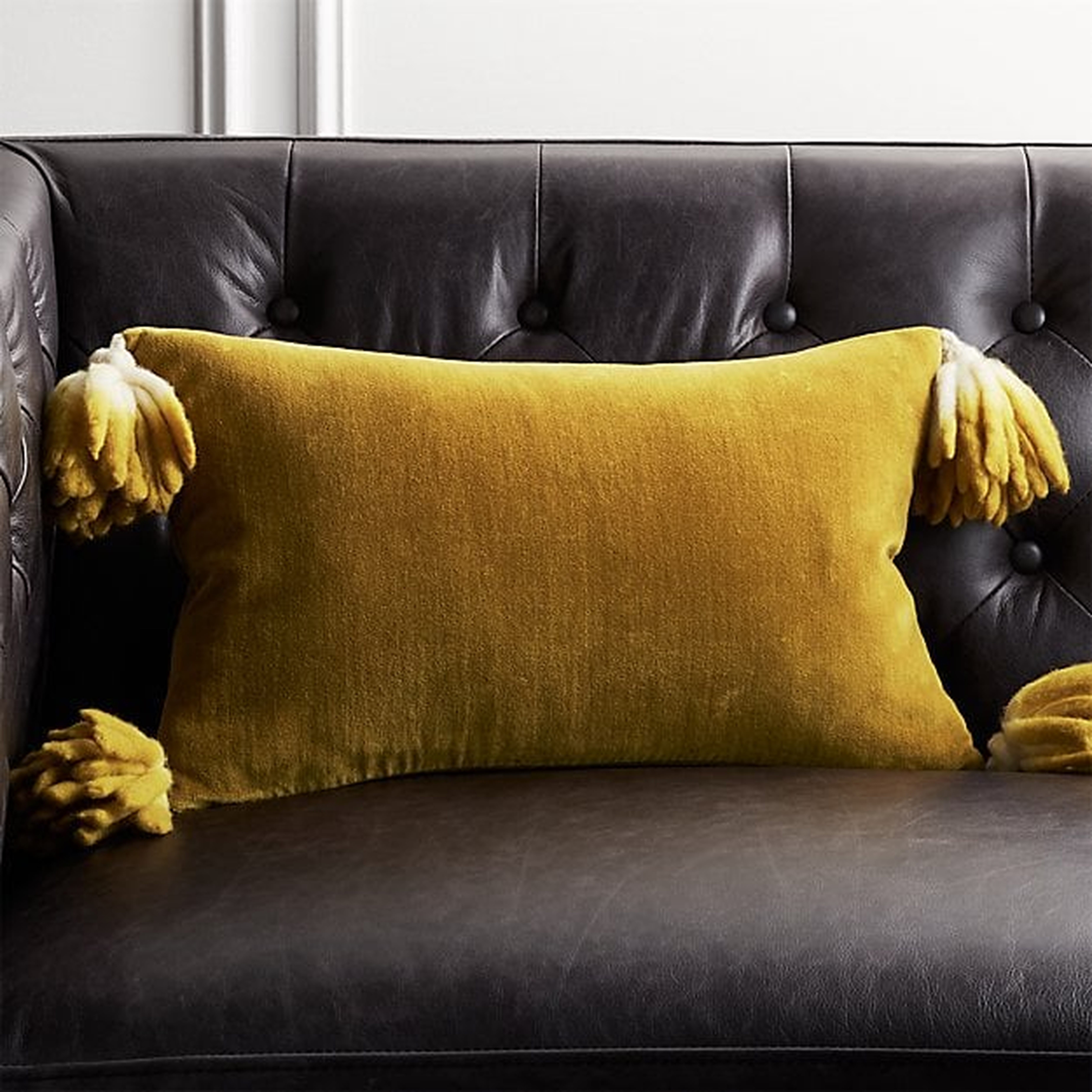 18"x12" Bia Tassel Mustard Velvet Pillow with Feather-Down Insert - CB2