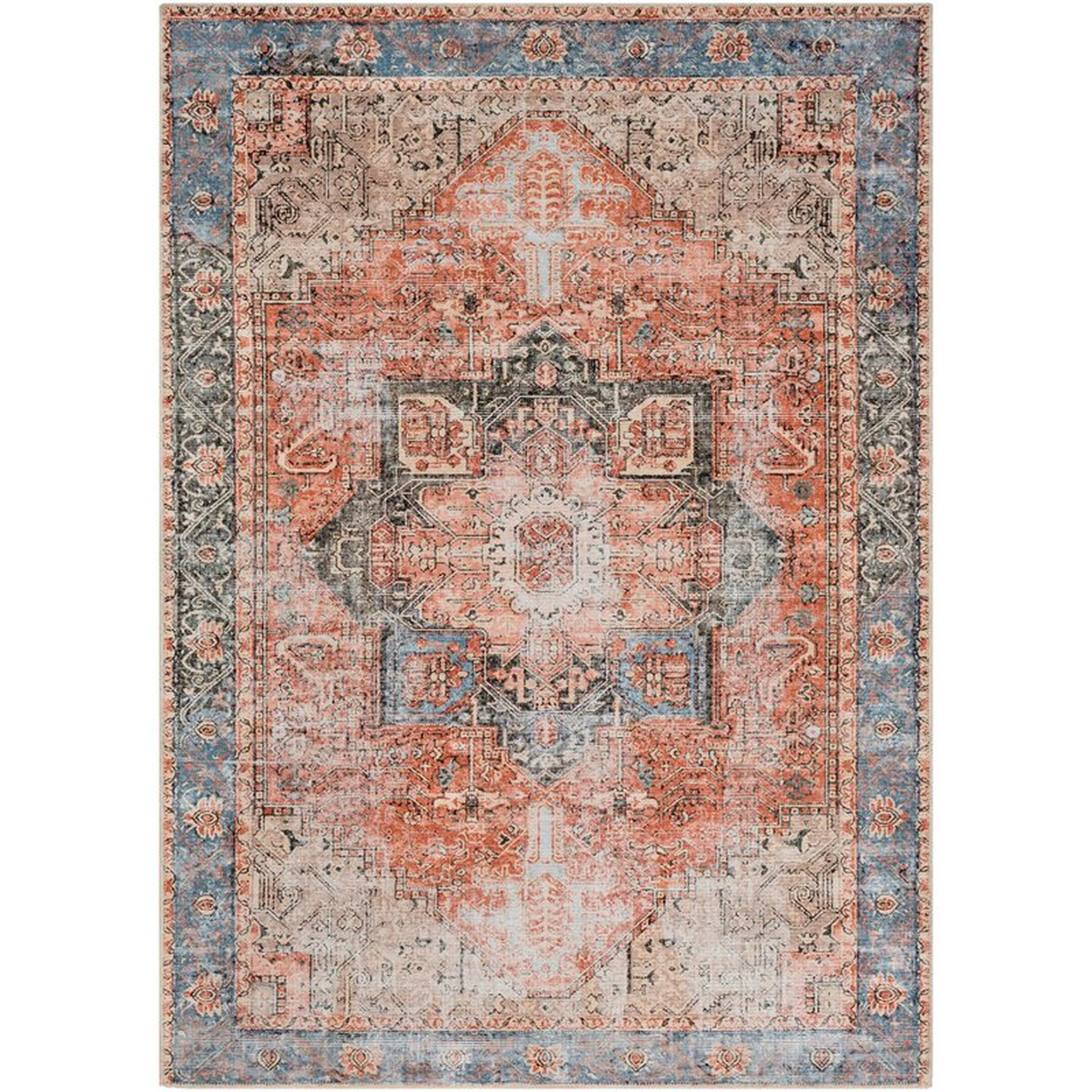 Mya Oriental Terracotta/Camel/Pale Blue Area Rug (Machine Washable) - Wayfair