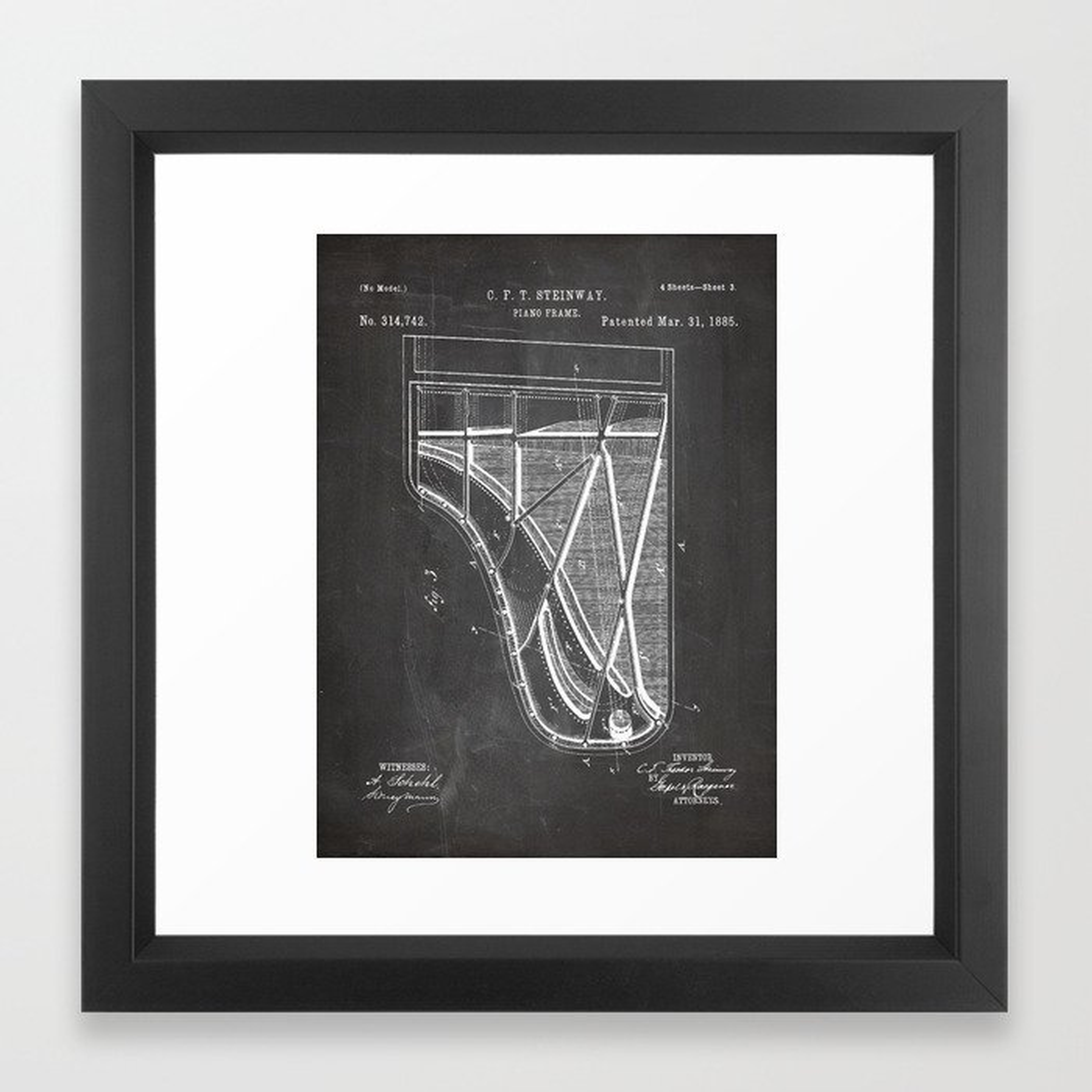 Steinway Piano Patent - Piano Player Art - Black Chalkboard Framed Art Print - Society6