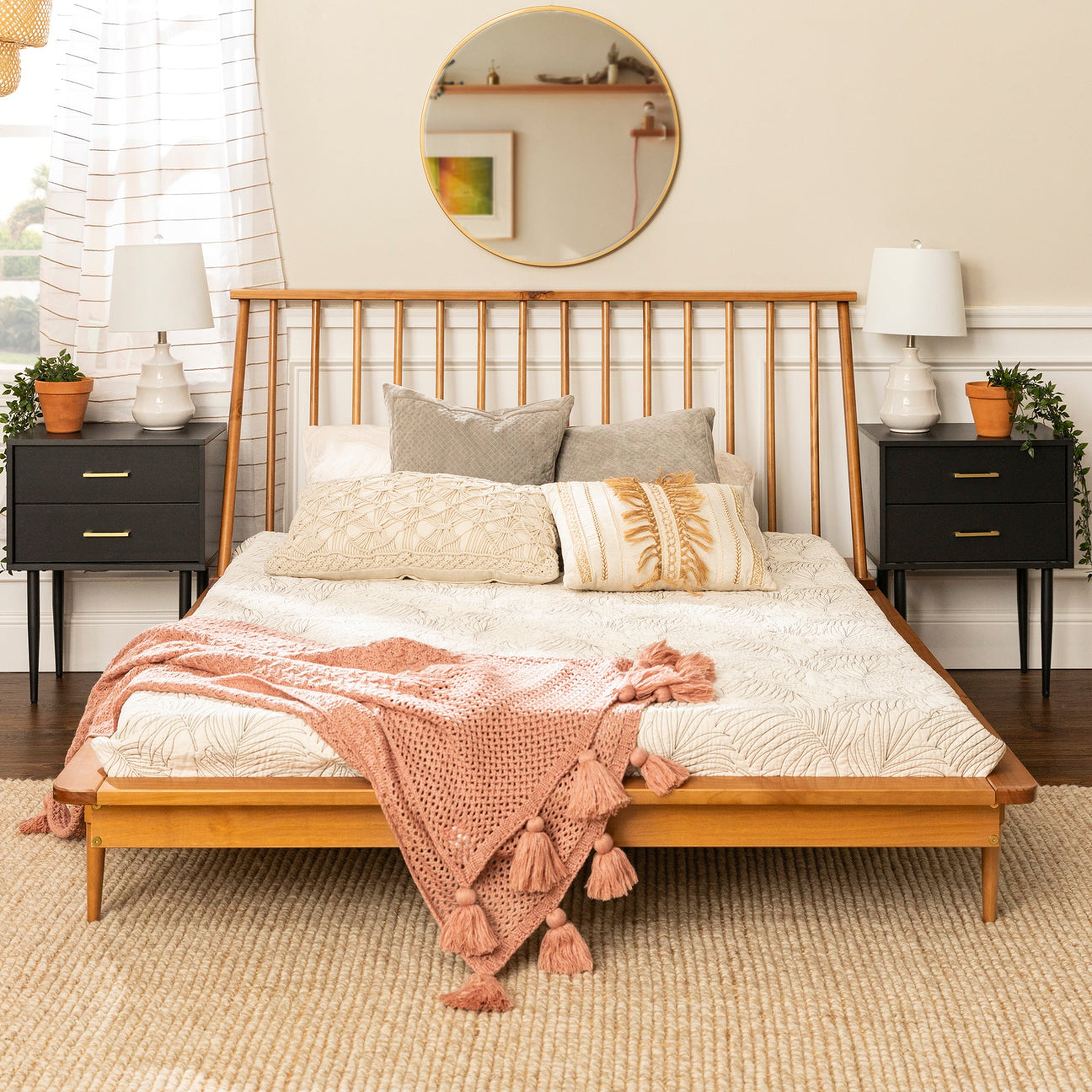 Spindle Back Solid Wood Queen Bed, Caramel - Cove Goods
