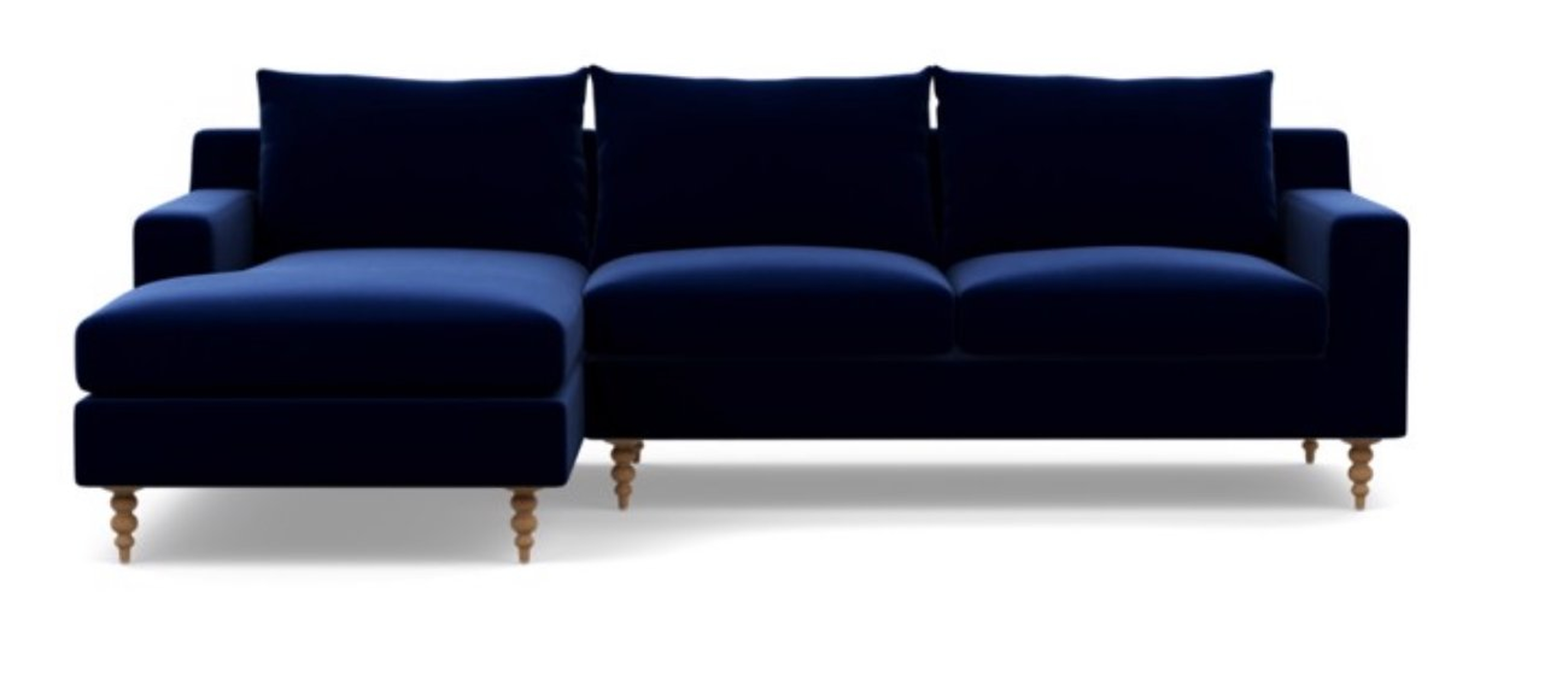 Sloan Chaise Sectional in Oxford Blue Velvet Fabric with Natural Oak Tapered Turned Wood Legs - Interior Define