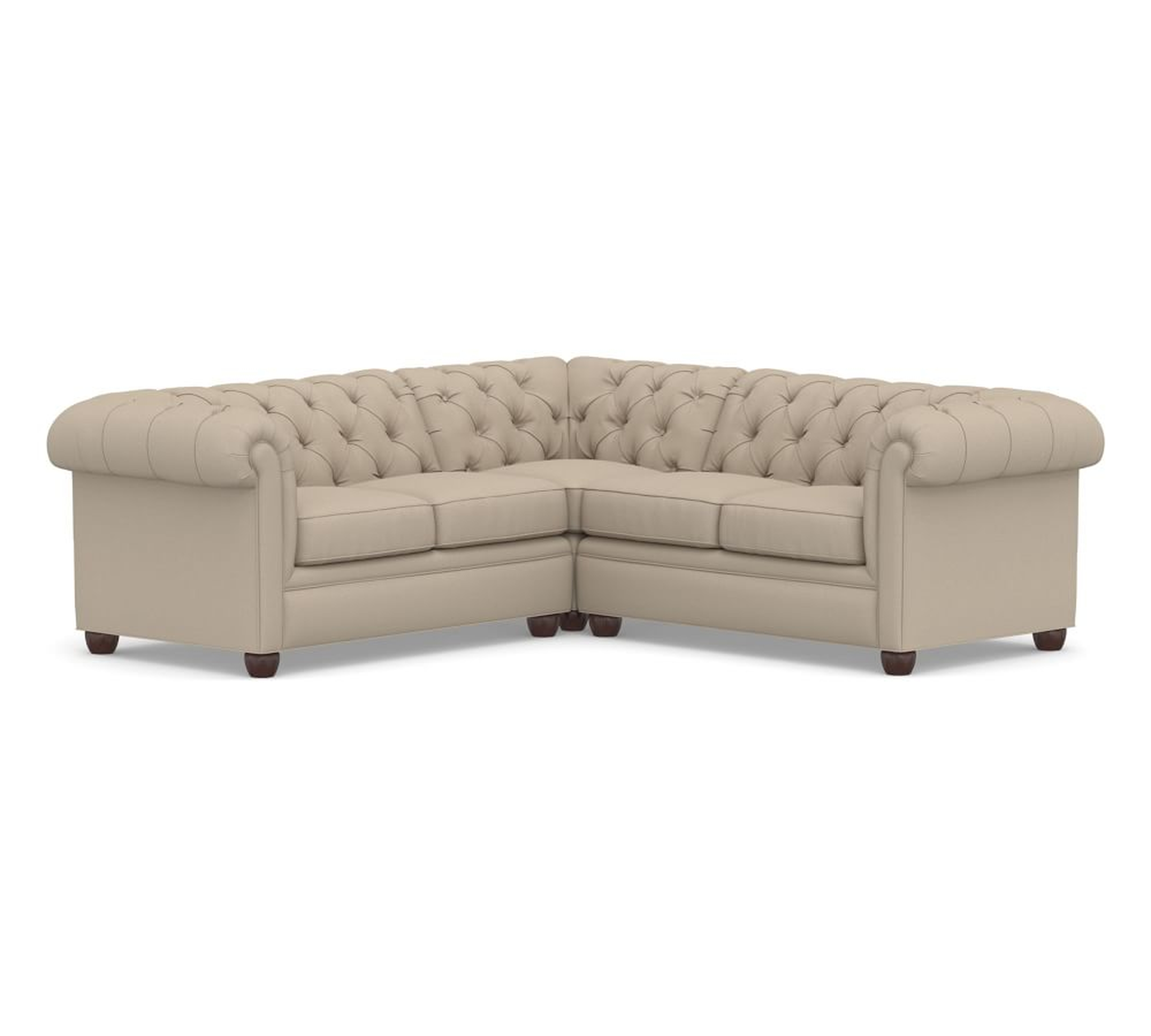Chesterfield Roll Arm Upholstered 3-Piece L-Shaped Corner Sectional, Polyester Wrapped Cushions - Pottery Barn