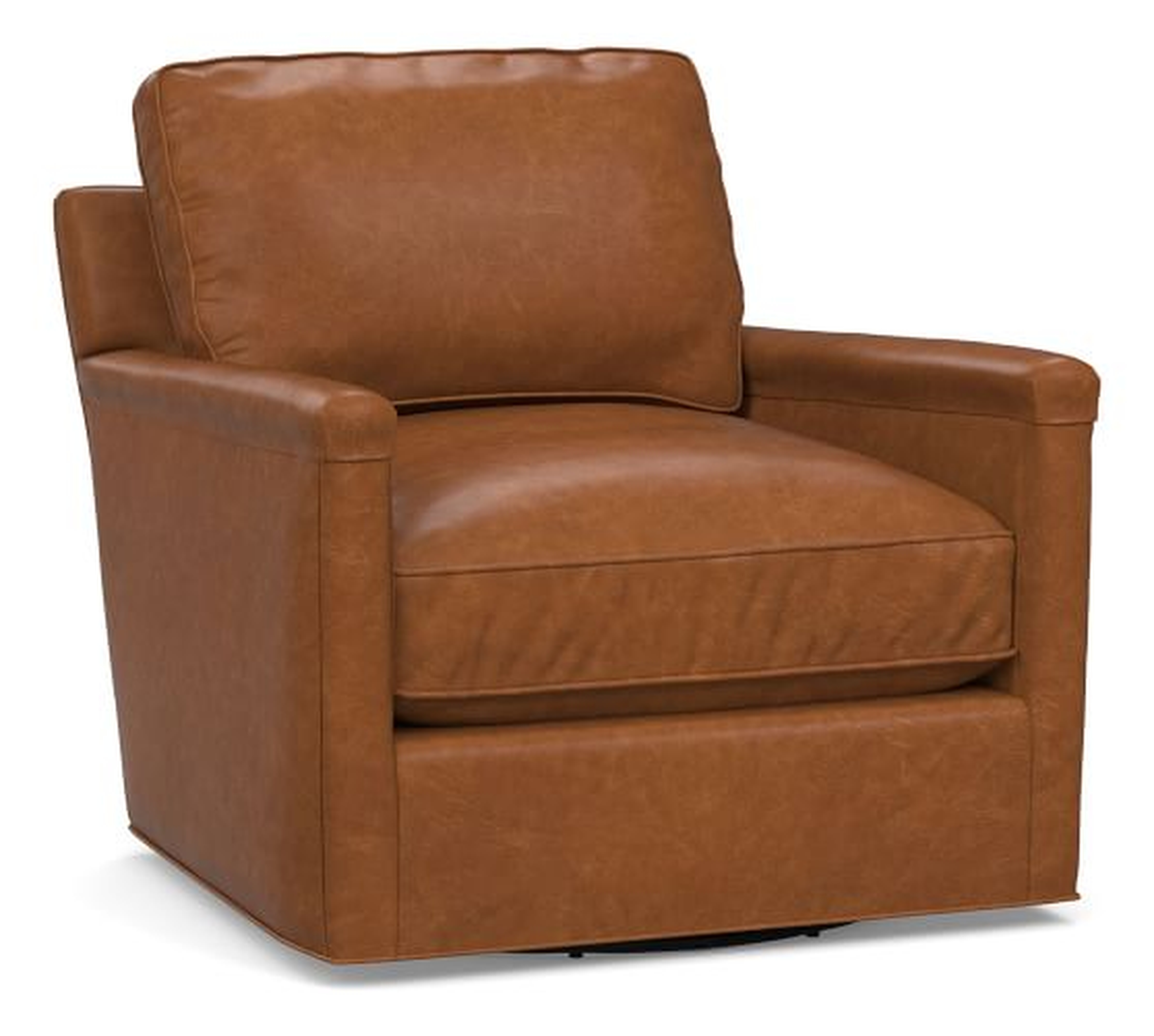 Tyler Square Arm Leather Swivel Armchair without Nailheads, Down Blend Wrapped Cushions, Statesville Caramel - Pottery Barn