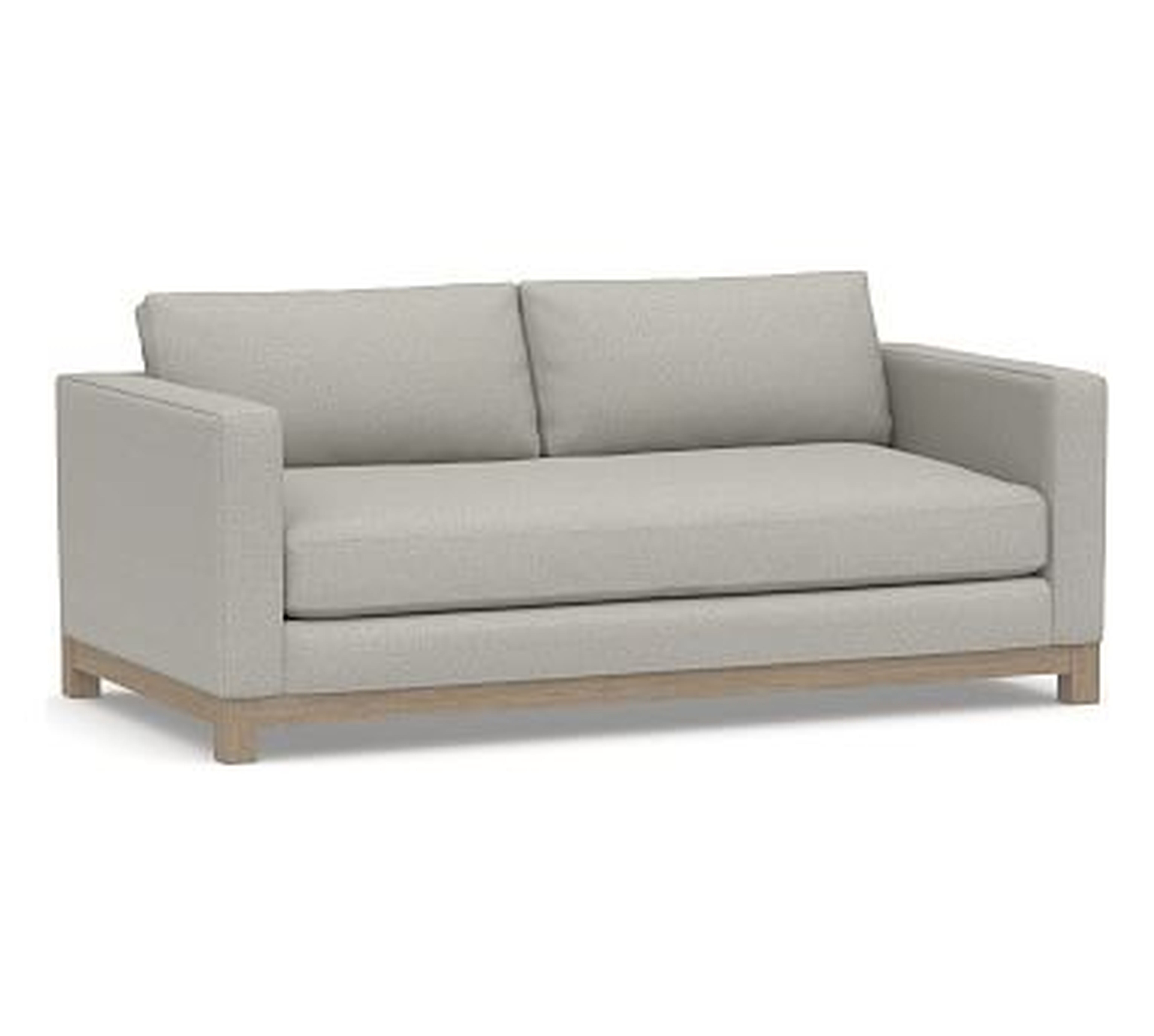 Jake Upholstered Loveseat 70" with Wood Legs, Polyester Wrapped Cushions, Performance Boucle Pebble - Pottery Barn