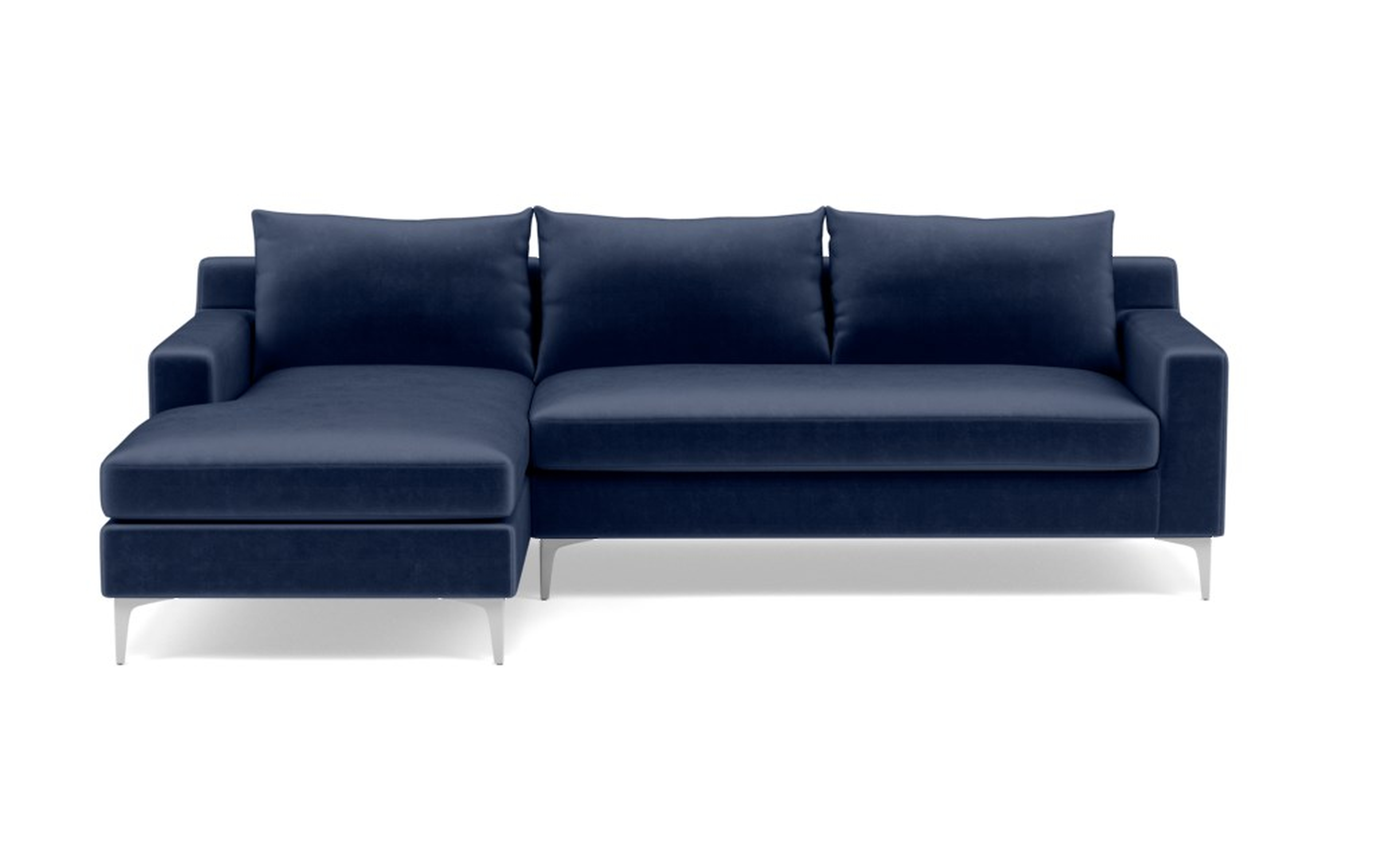 SLOAN Sectional Sofa with Left Chaise - Bergen Blue Mod Velvet - Chrome Plated L Leg - Interior Define