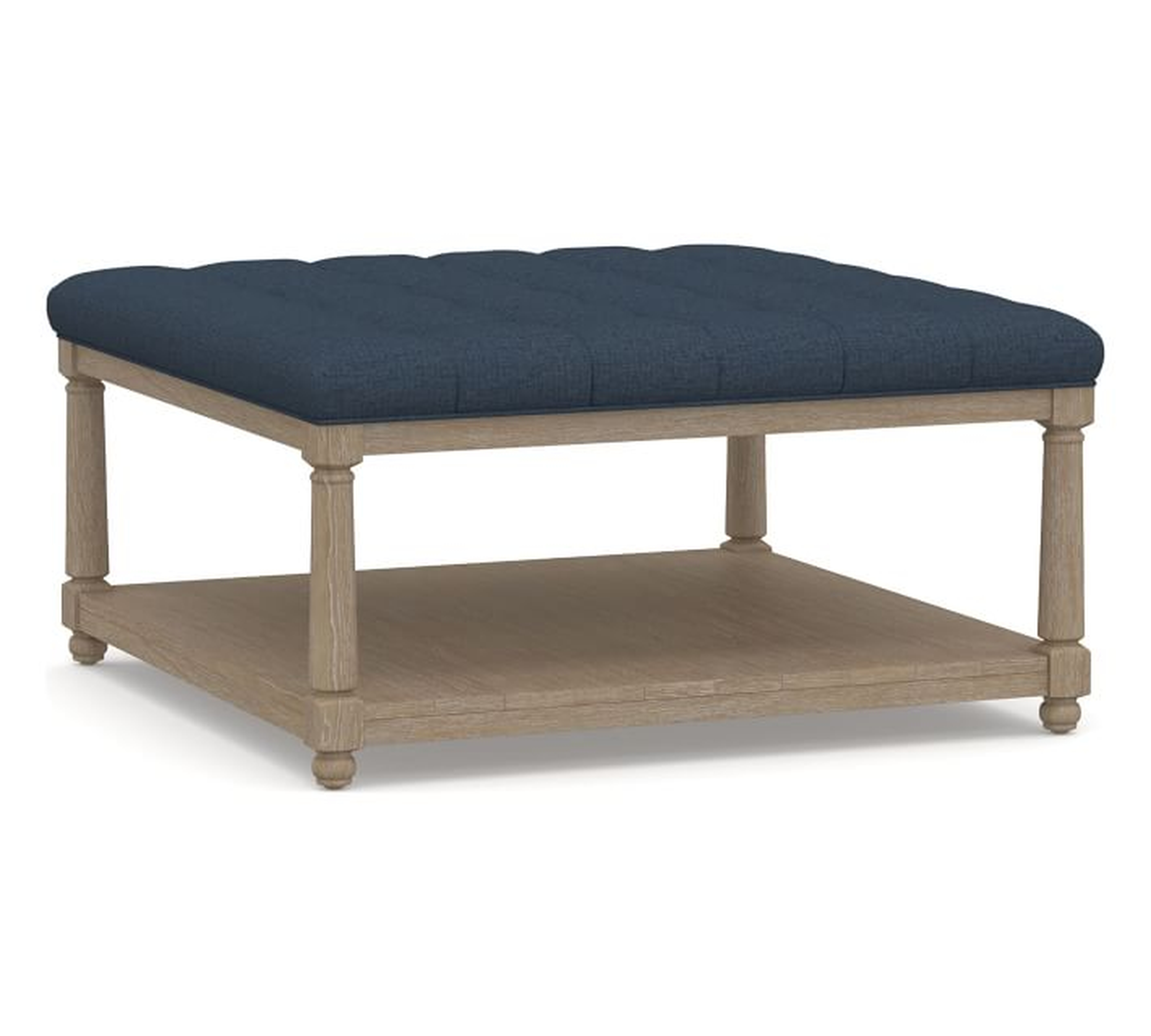 Berlin Upholstered Square Ottoman, Brushed Crossweave Navy - Pottery Barn