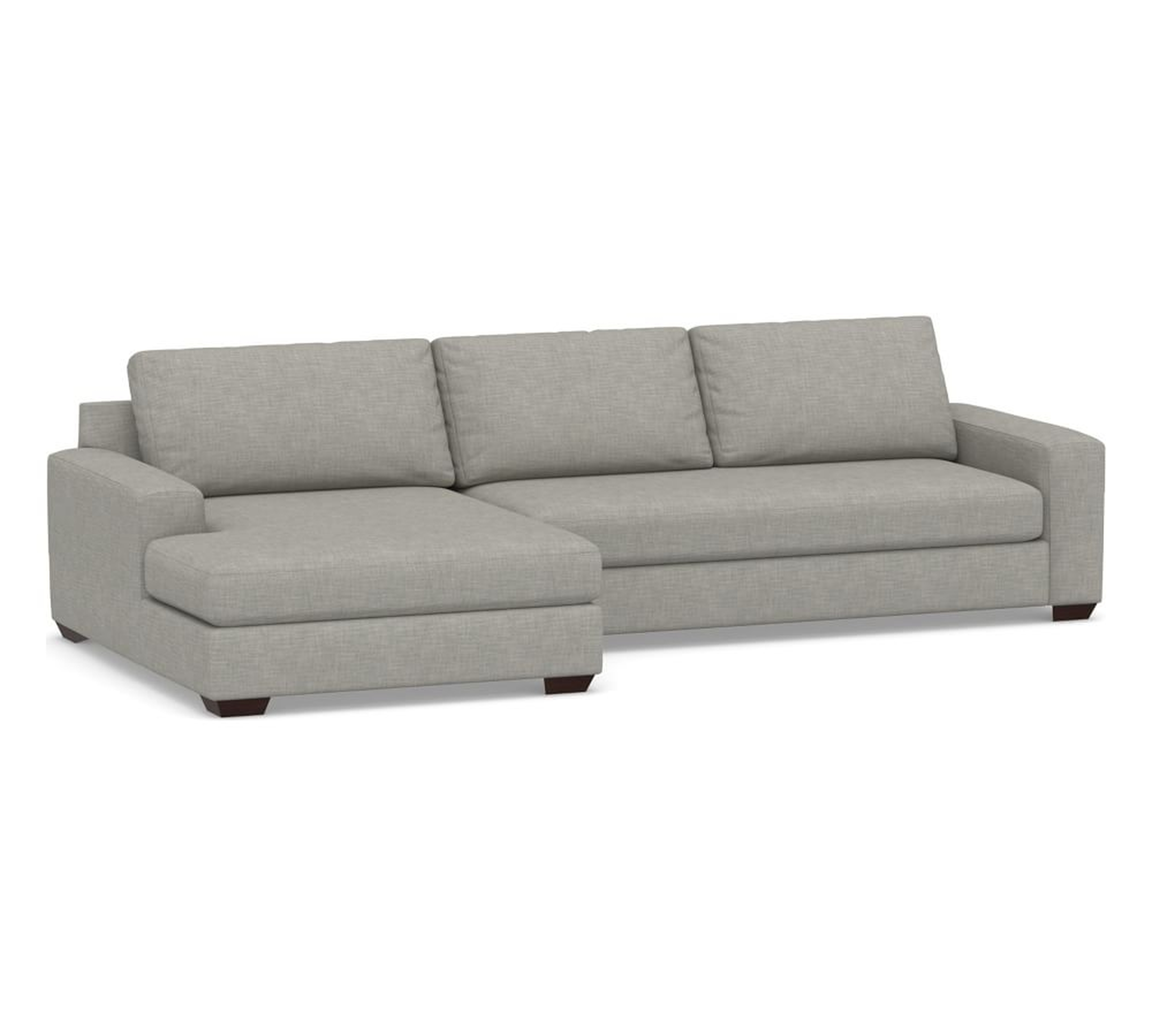 Big Sur Square Arm Upholstered Right Arm Sofa with Double Chaise Sectional and Bench Cushion, Down Blend Wrapped Cushions, Premium Performance Basketweave Light Gray - Pottery Barn