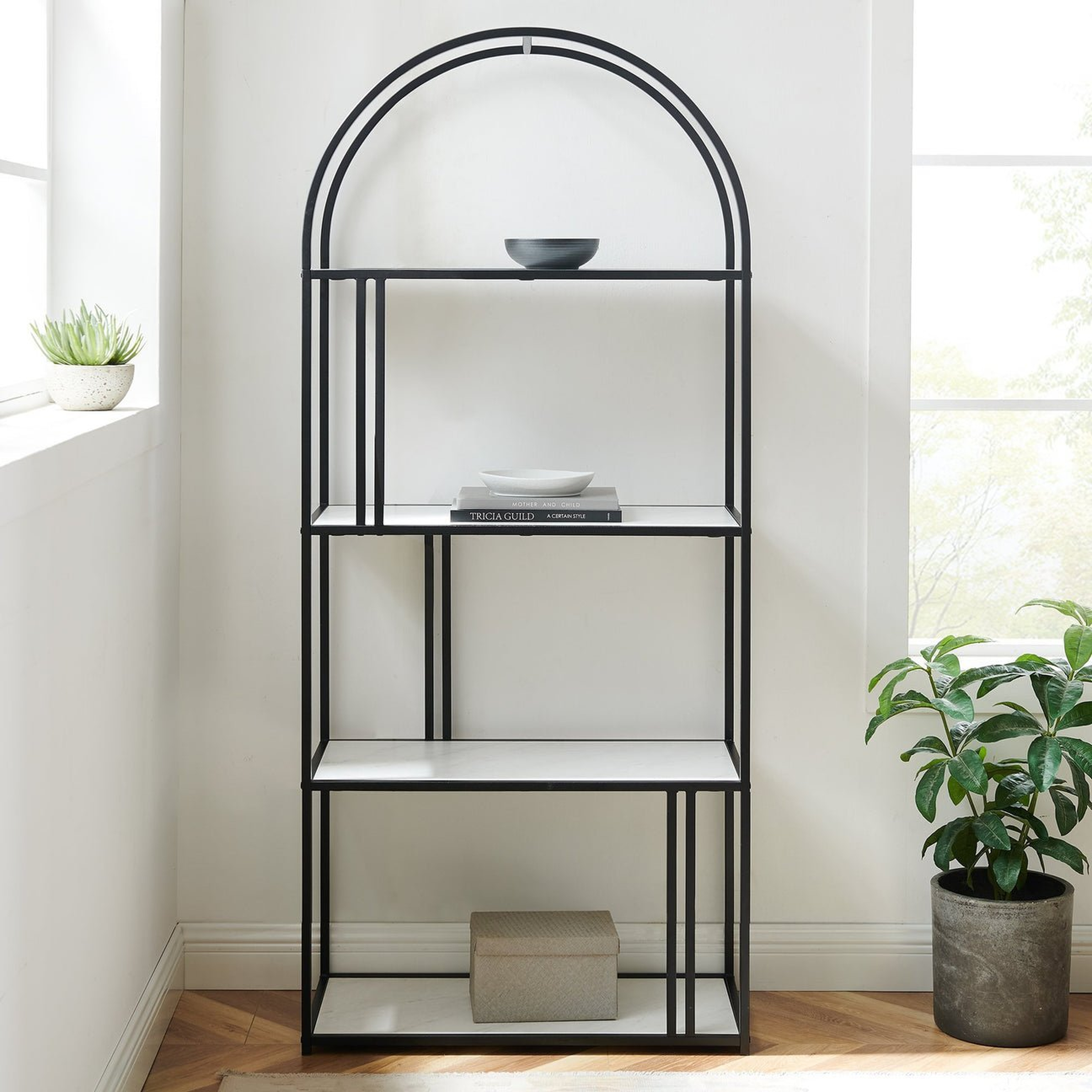 Contemporary Metal Arch Asymmetrical Faux Marble Bookshelf – White Faux Marble - Walker Edison