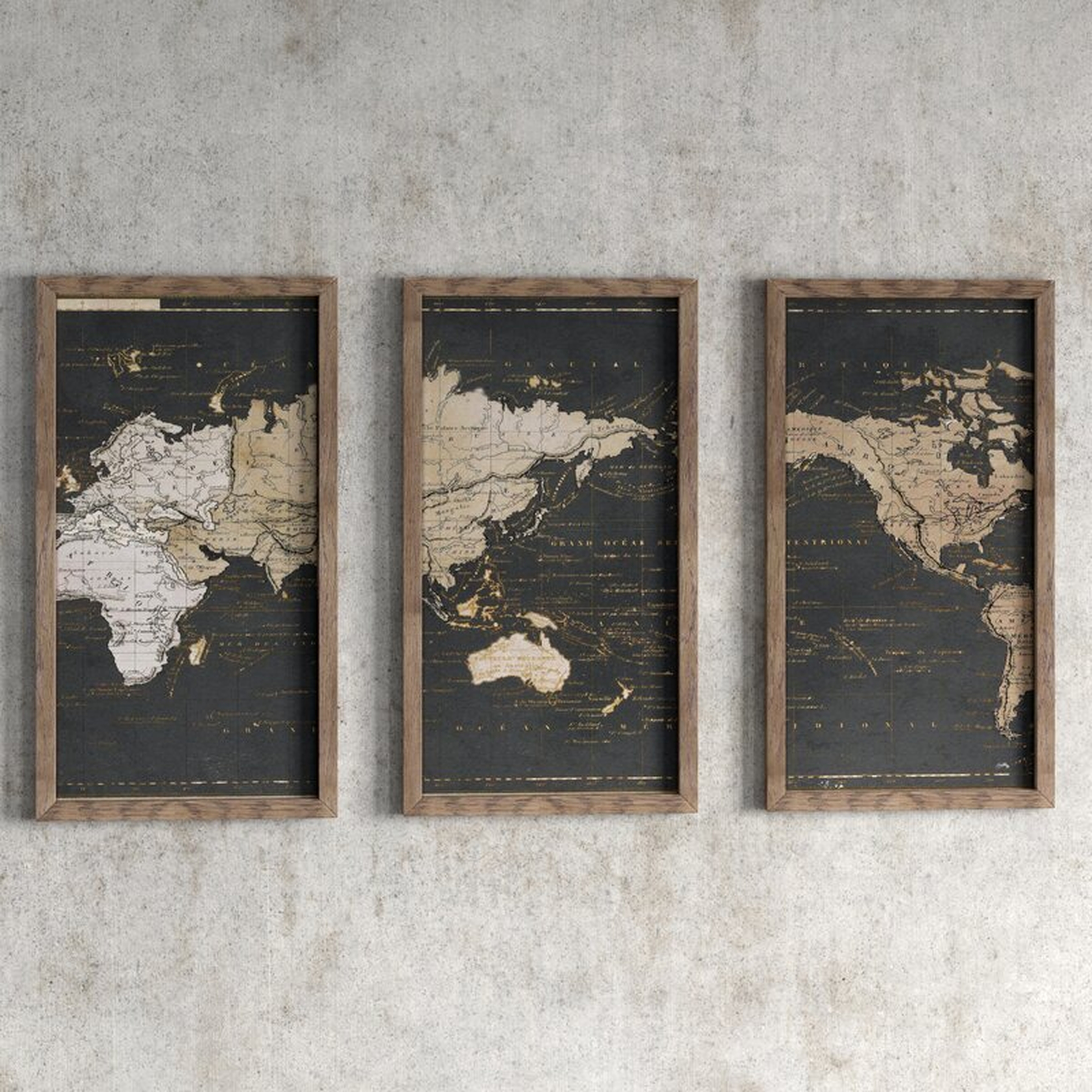 'World Map in Gold and Gray' - 3 Piece Picture Framed Graphic Art Print Set on Acrylic - Wayfair