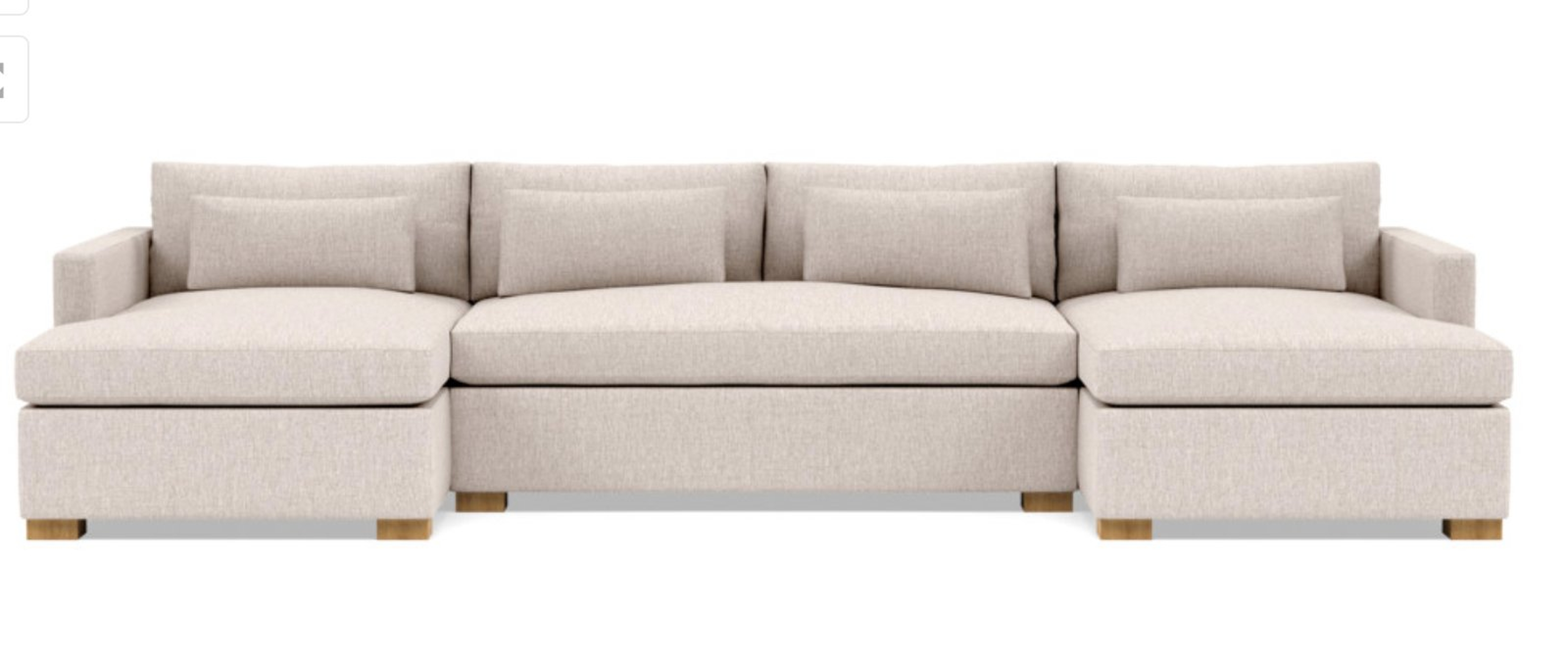 Charly U-Sectional with Beige Wheat Fabric, double down cushions, extended right chaise, extended left chaise, and Natural Oak legs - Interior Define