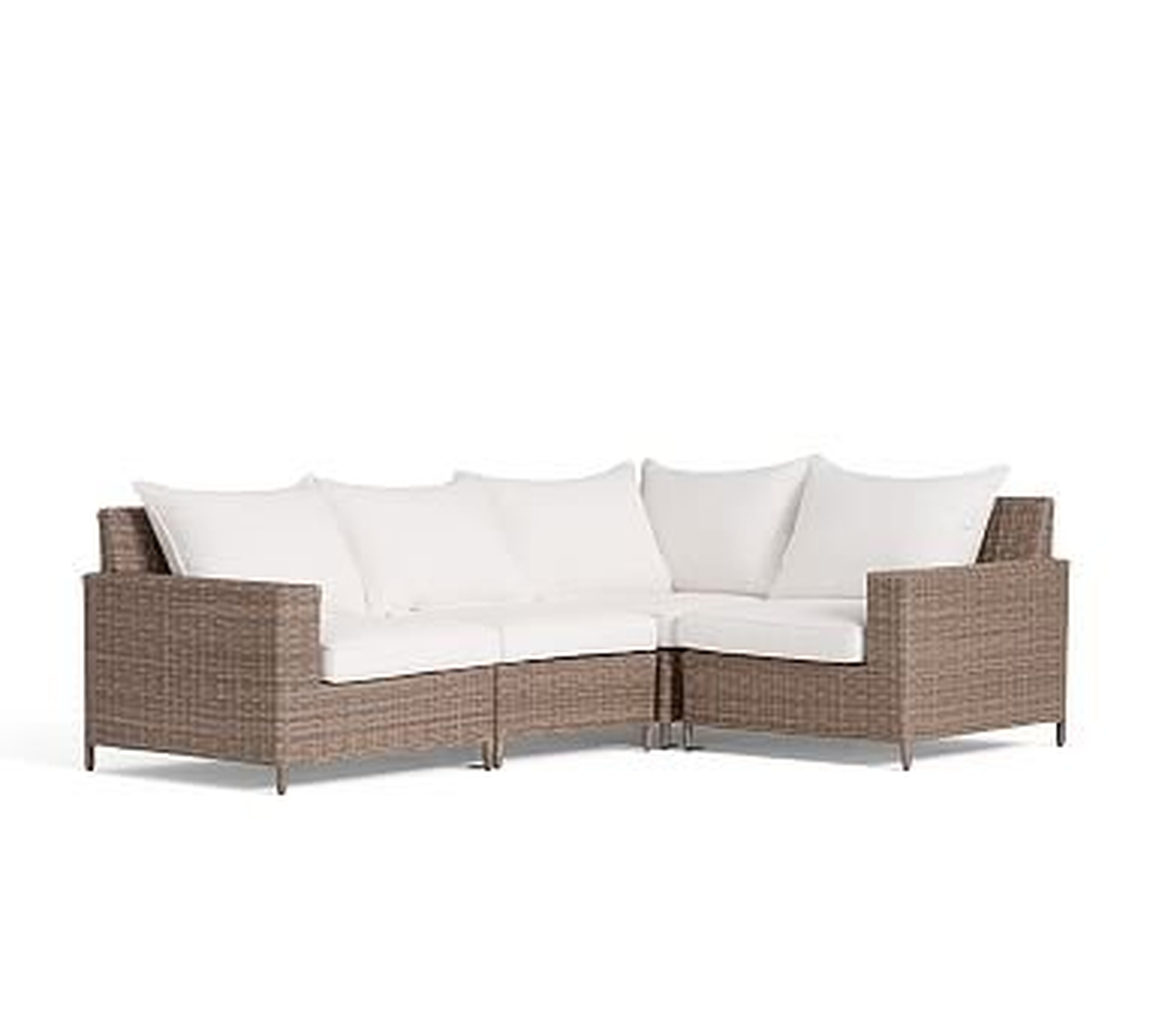 Torrey All-Weather Wicker 4-Piece Square Arm Sectional Frame &amp; Cushion Set (1 Corner + 1 Armless + 1 Left Arm + 1 Right Arm), Natural - Pottery Barn