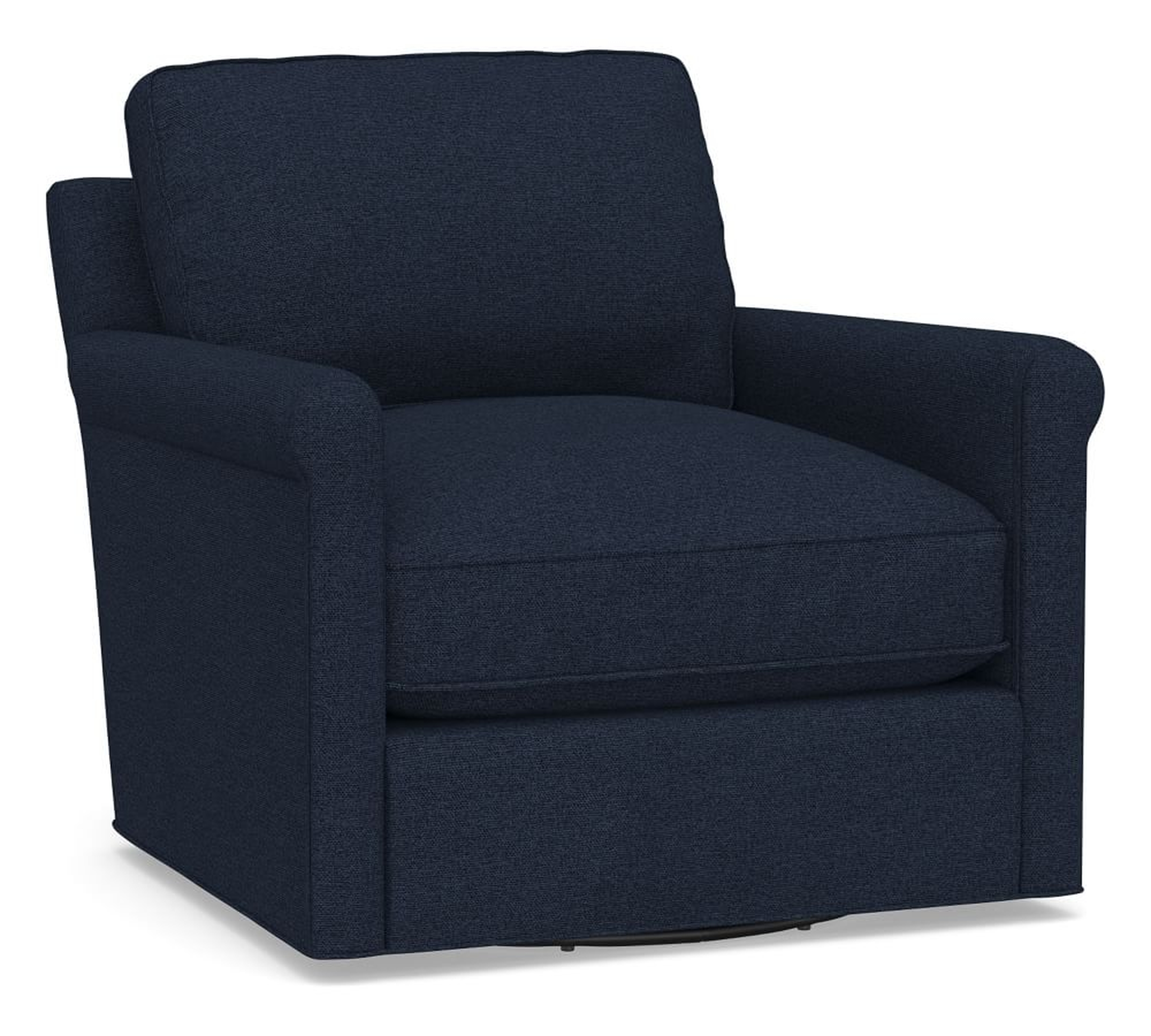 Tyler Roll Arm Upholstered Swivel Armchair, Down Blend Wrapped Cushions, Performance Heathered Basketweave Navy - Pottery Barn